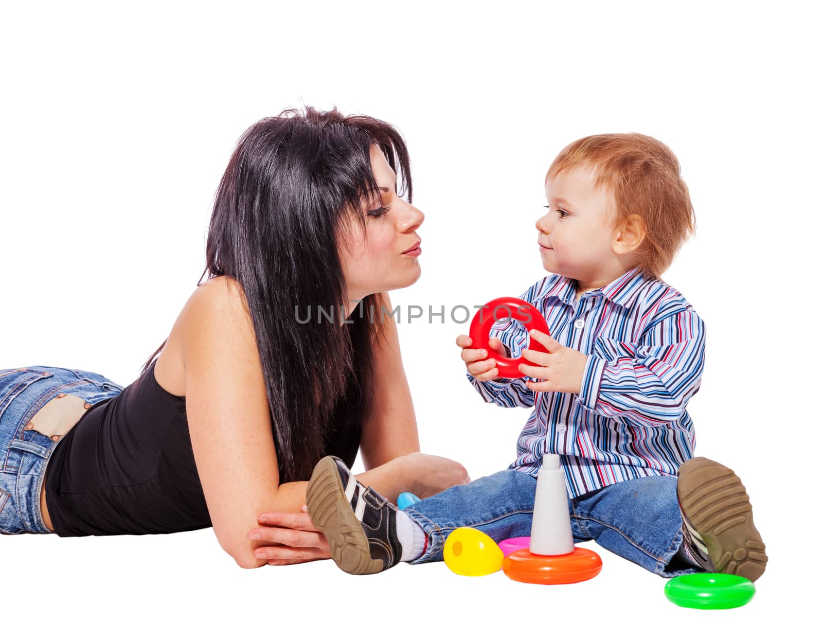 Mother playing with son isolated on white