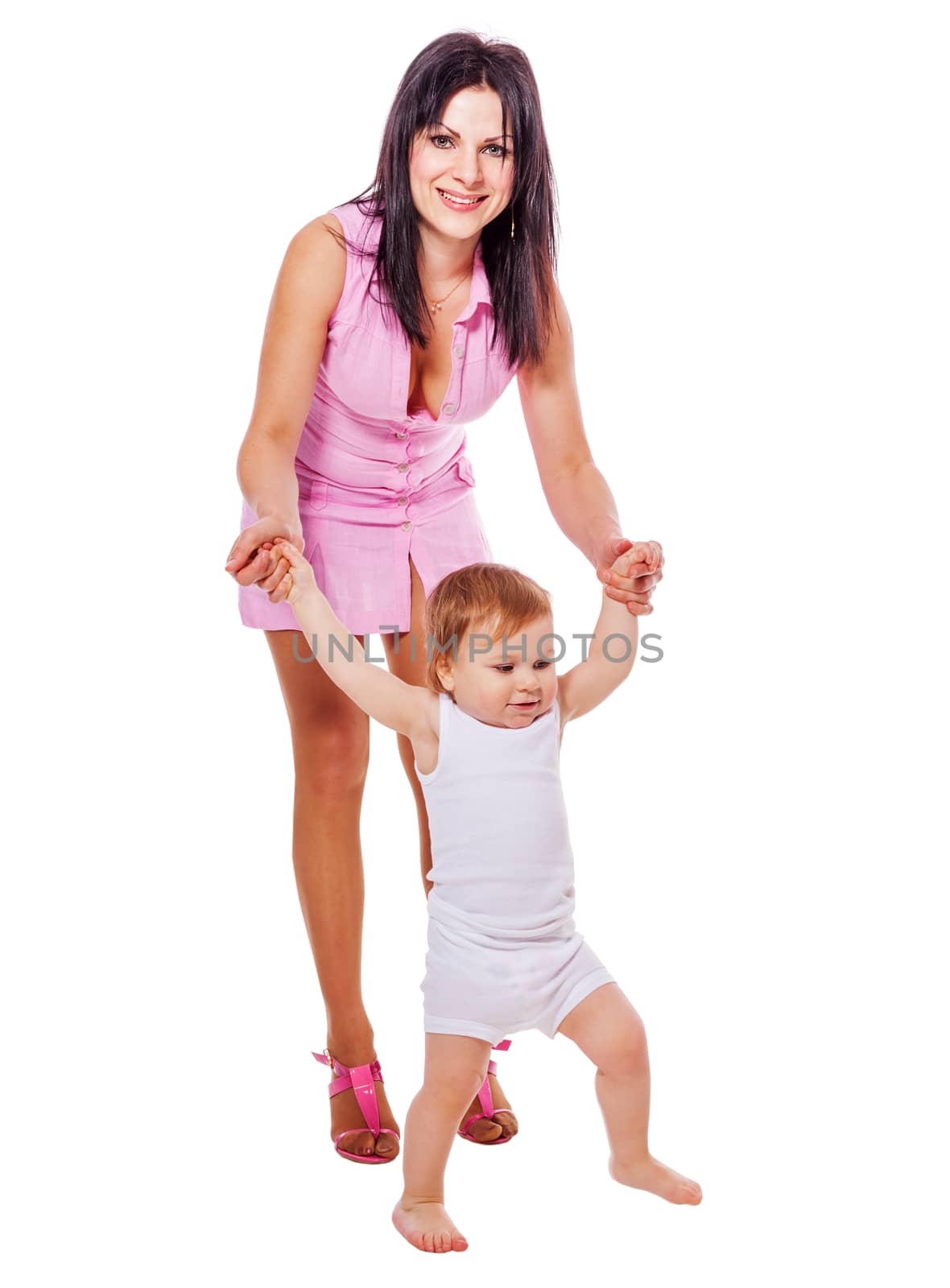 Happy Mother standing holding son hands isolated