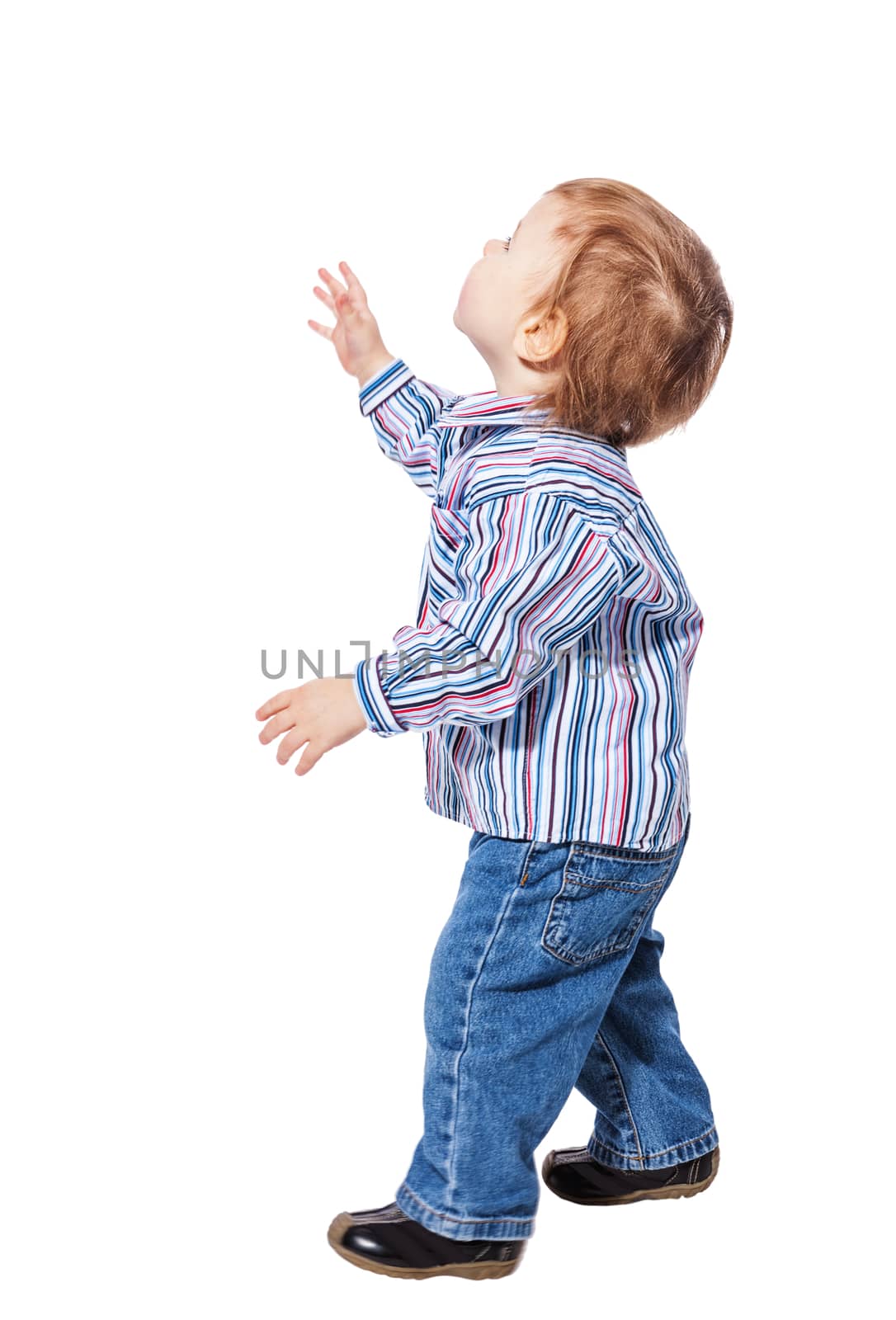 Happy child little boy standing looking up isolated on white