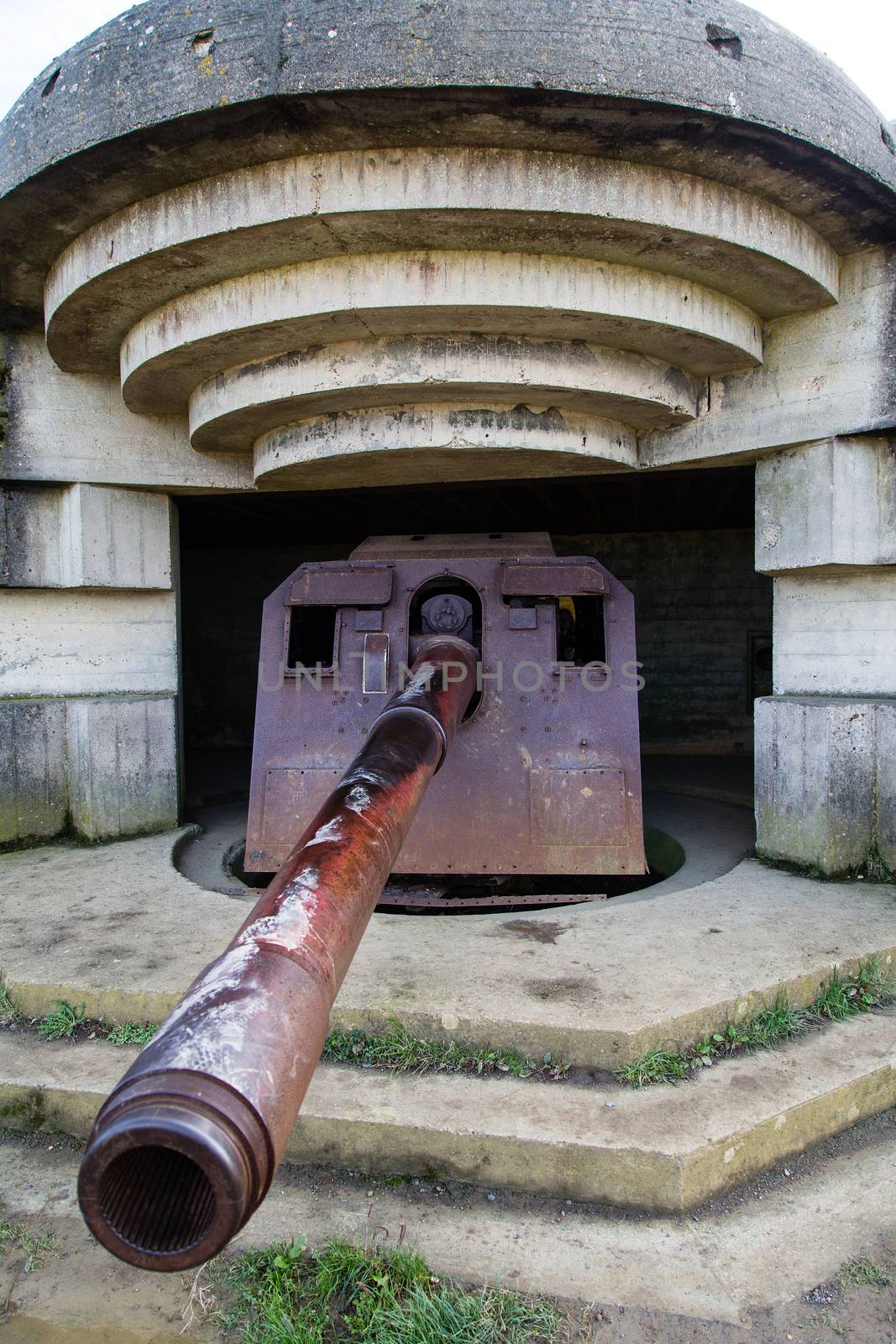 Old broken German bunkers of Atlantic Wall and artillery battery of Longues sur Mer