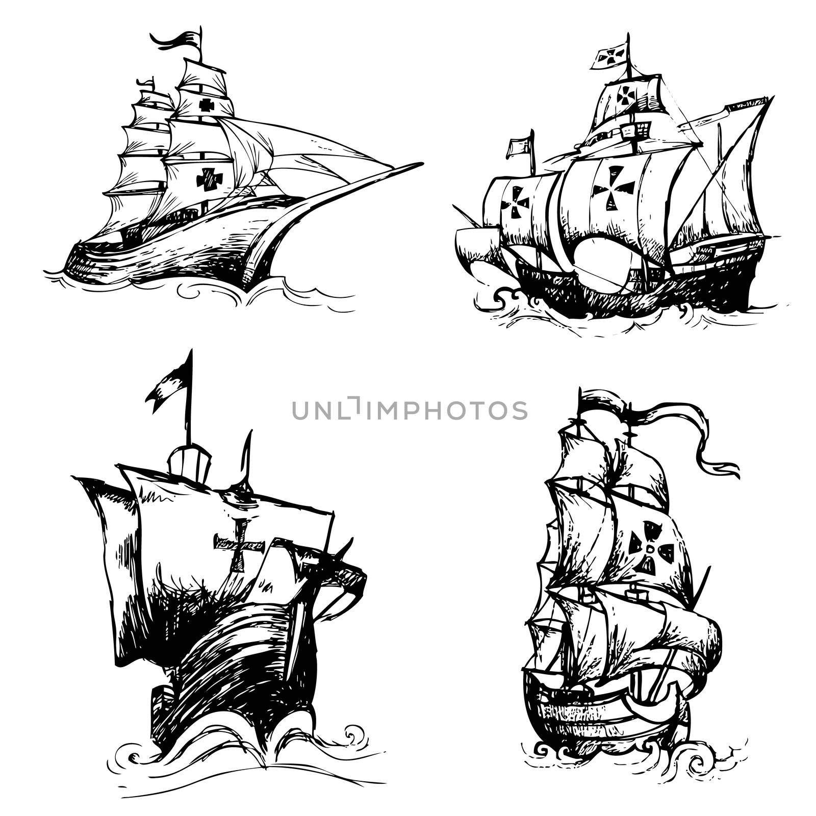 freehand sketch illustration a set of columbus ship, doodle hand drawn