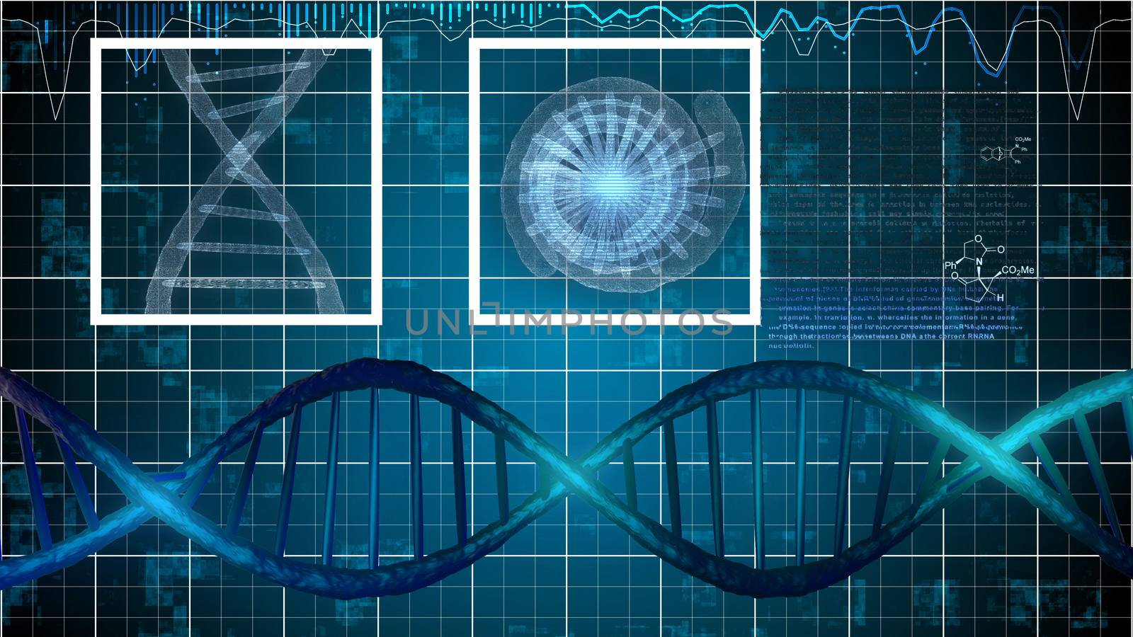 A neo-geo 3d rendering of silver DNA spirals with formulas nearby in the blue background. Two white squares are imposed on a gray spiral and a star looking macromolecule