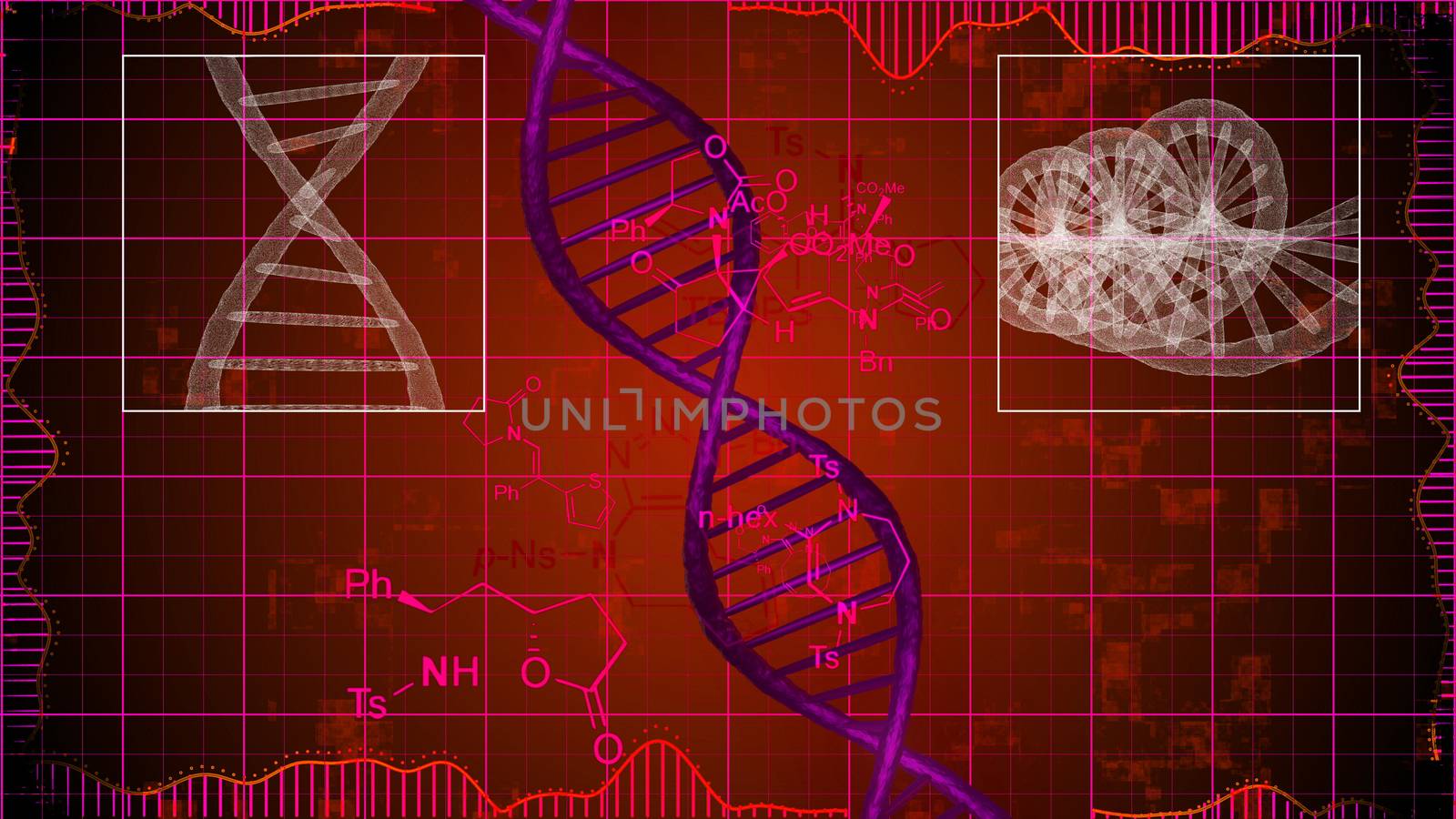A futuristic 3d illustration of violet and rosy DNA spirals with formulas in the brown background. Two white squares are imposed on a spiral and snail looking macromolecules