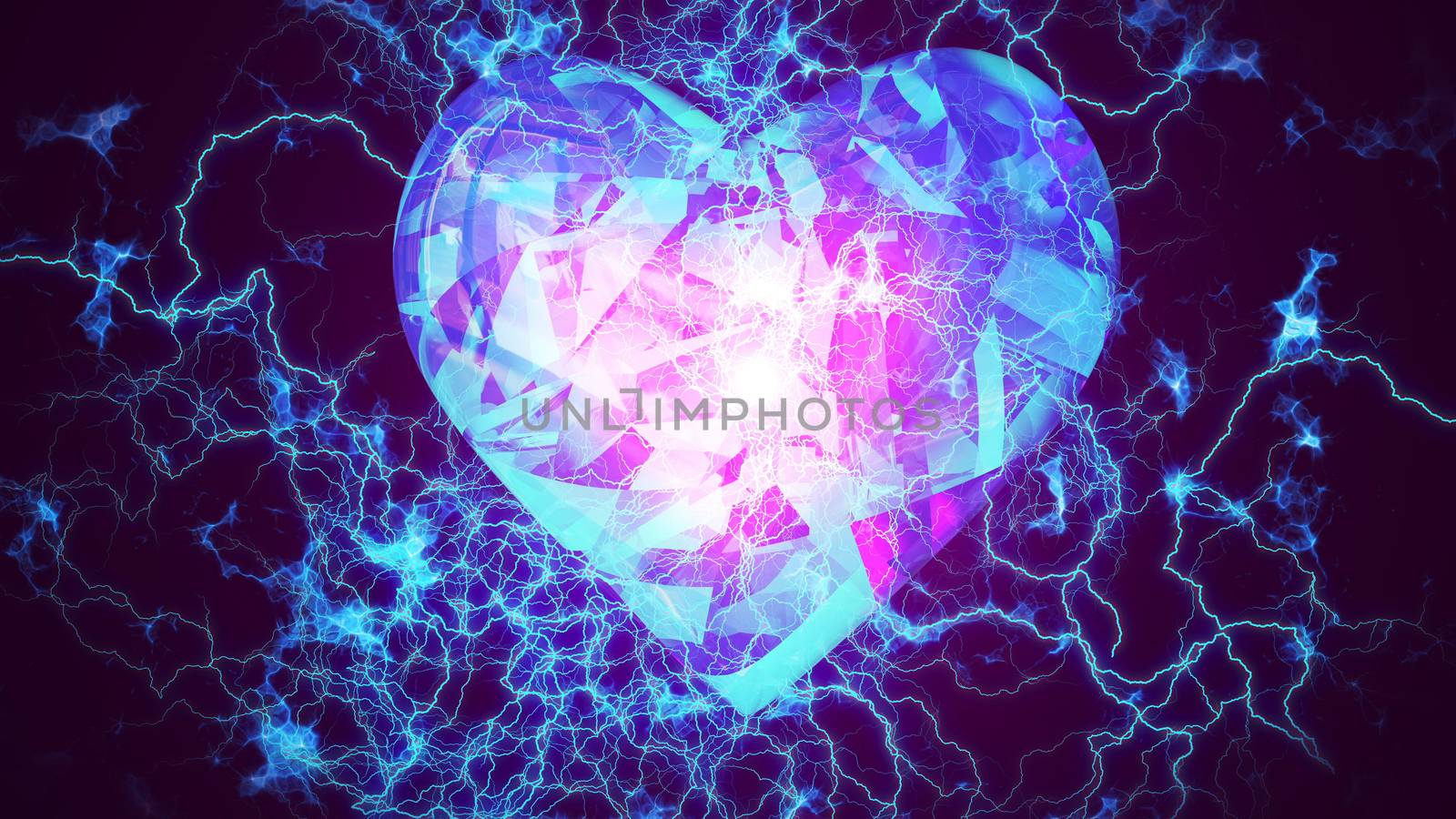 An abstract 3d rendering of a heart shaped brain serving as a high speed CPU. It is encircled with powerful lightning lines in the dark blue background