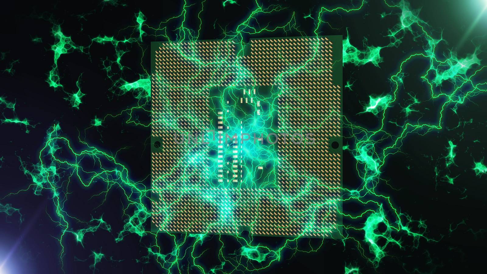 A neo-geo 3d illustration of a square shaped brain serving as a high speed CPU. It is green and made of pixels. It is encircled with powerful lightning lines in the black background