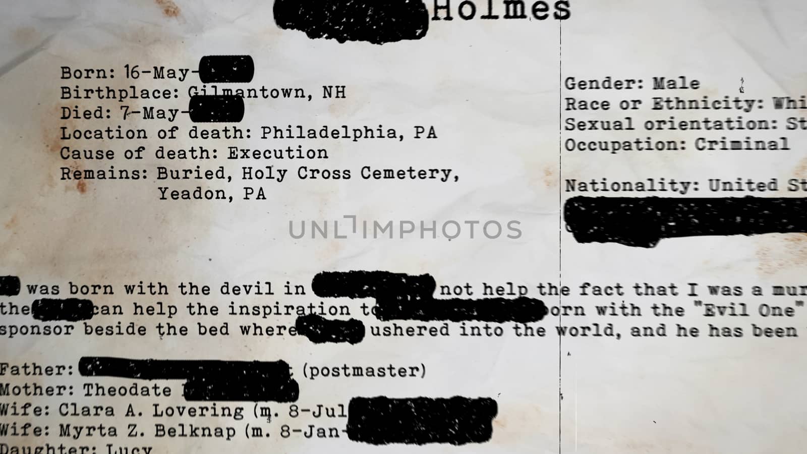 A sad 3d illustration of a criminal record of a murderer who was born in Gilmantown, New Hampshire, on May 16, and was executed for evil crimes. The other info is hidden with black ink. 