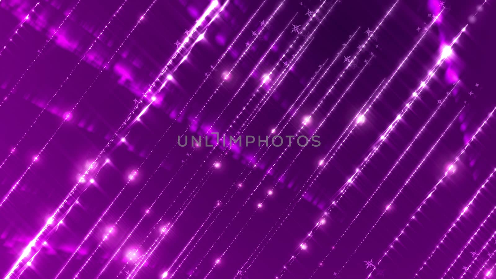 An amazing 3d rendering of white rays rushing askew in a parallel way. They shine in the violet background. The rows of white dots are seen in the background.