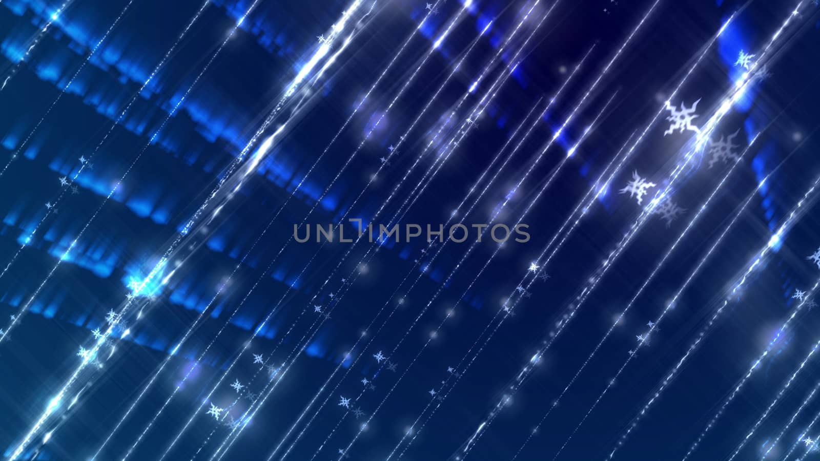 An exciting 3d illustration of white rays rushing aslant in a parallel way. They shine in the blue background. The rows of white spots are seen in the background.
