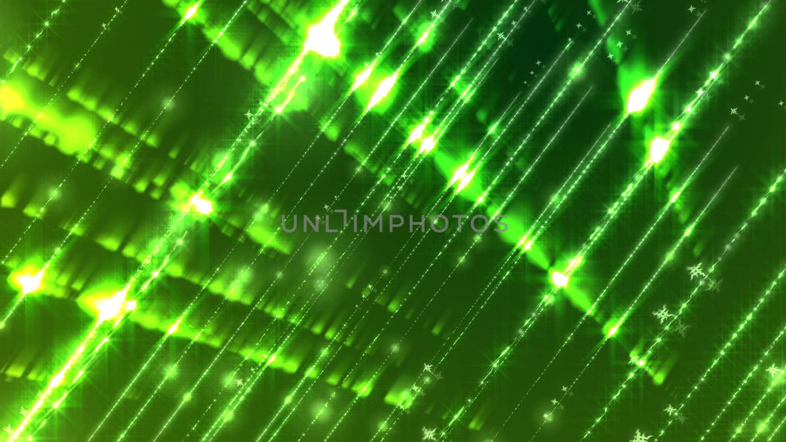 A shimmering 3d rendering of white rays dashing diagonally in a parallel way. They shimmer in the green background. A lot of plasma looking spots are seen among bright beams too.