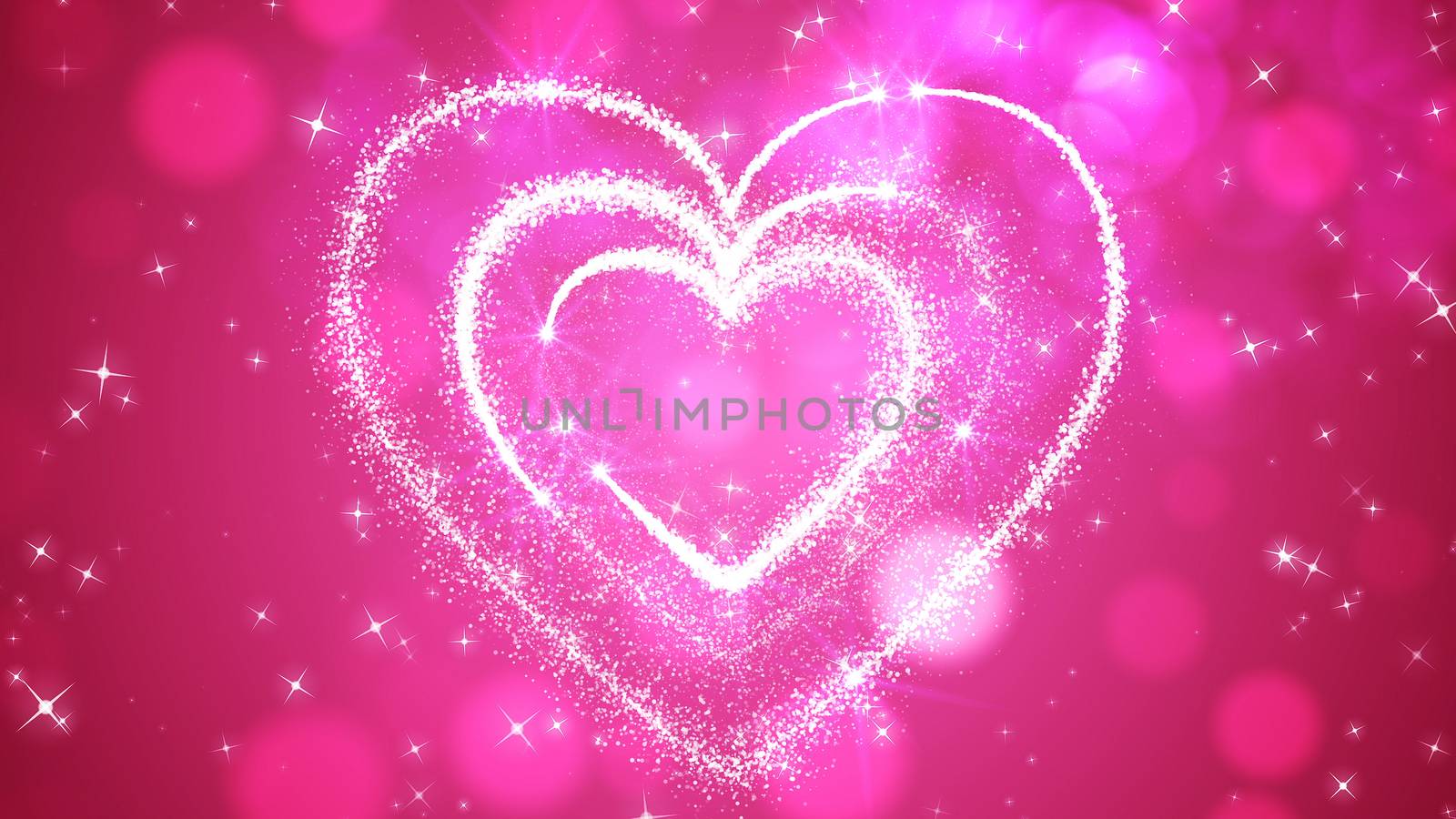 A romantic 3d illustration of three flaring hearts placed in each other. They look like a happy family sigh with a Dad, Mom, and a kid, encircled with sparkling stars in the pink background