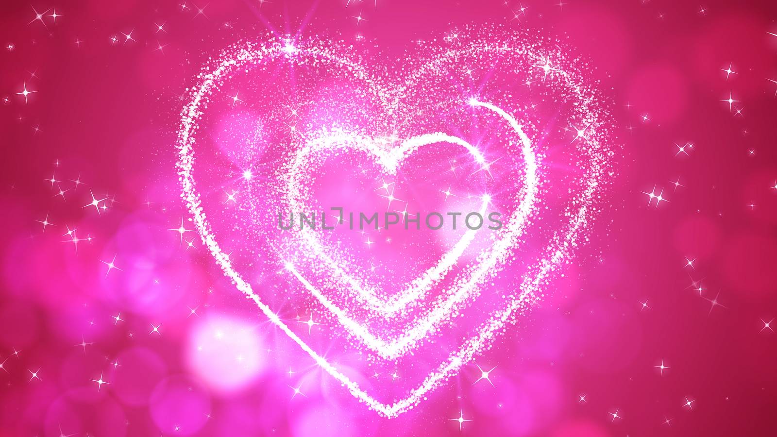 A congratulatory 3d rendering of three sparkling hearts put into each other. They look like a happy family symbol with a Father, Mother, and a child, with stars in the rosy background.