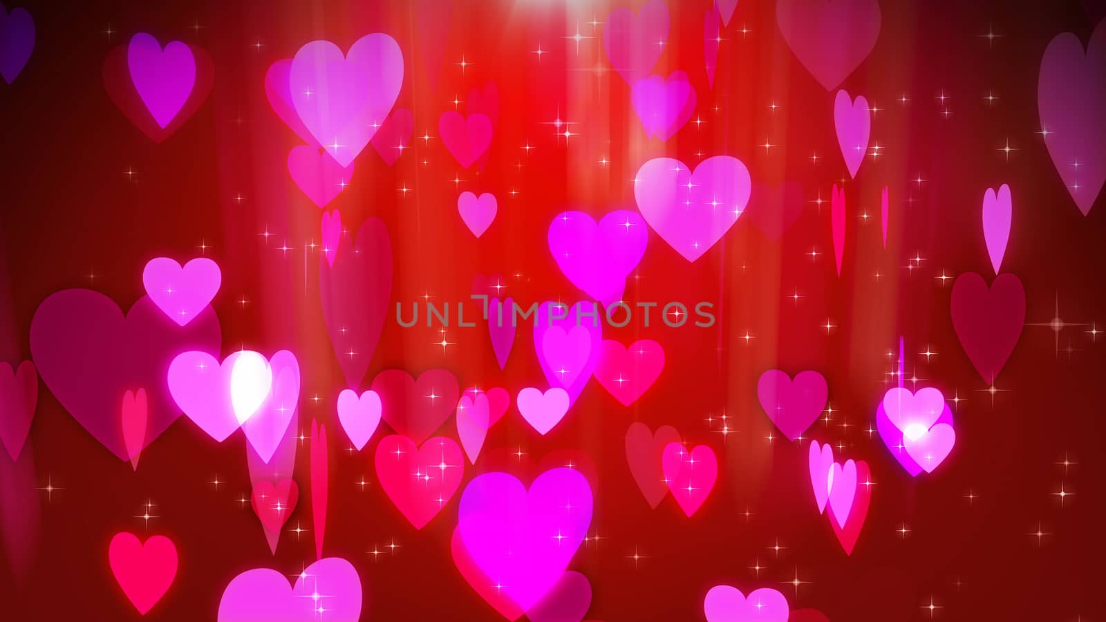 A beautiful 3d illustration of romantic rosy hearts flying in the air. They look amorous like hearts of beloved couples in the red and purple background. Saint Valentine will be soon!