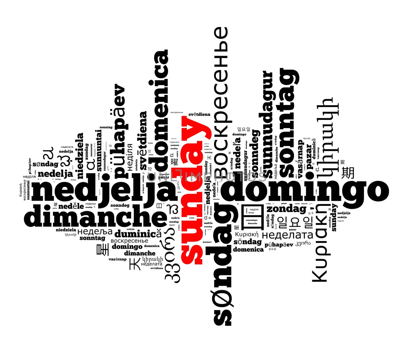 Word Sunday in different languages word cloud concept