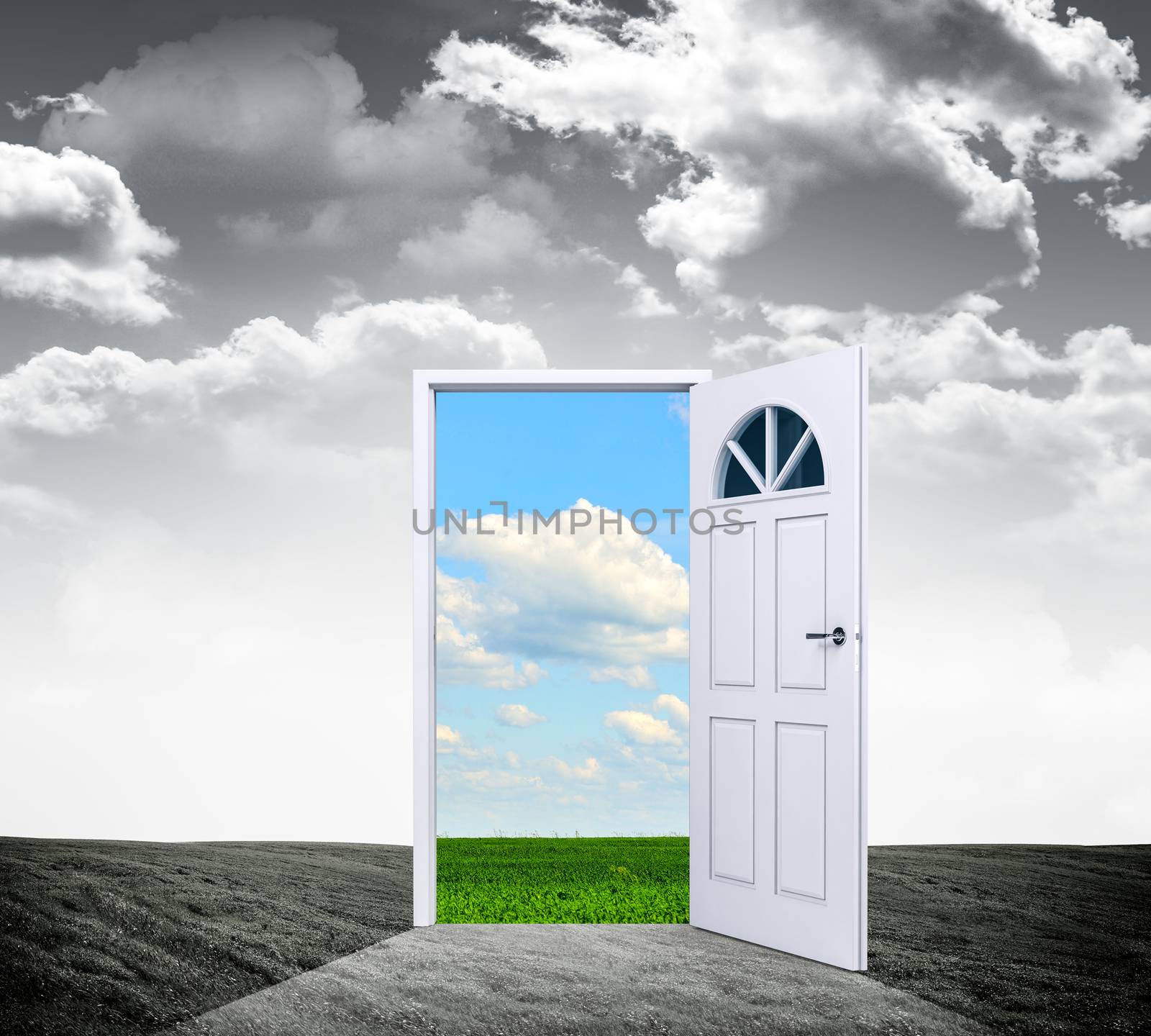 A dark grungy room with a door opening to a beautiful summer day. 3d illustration