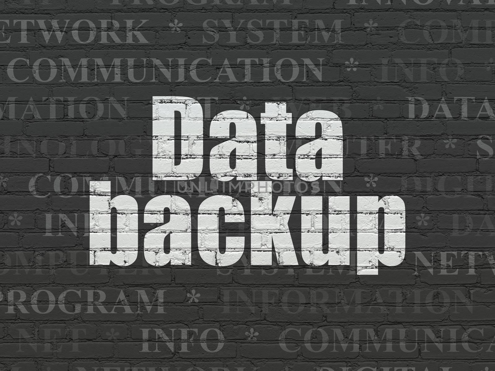 Data concept: Painted white text Data Backup on Black Brick wall background with  Tag Cloud