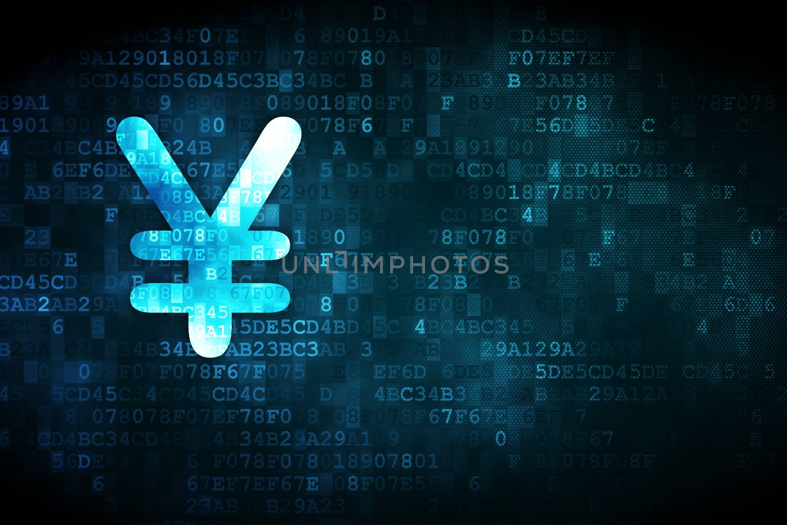 Money concept: pixelated Yen icon on digital background, empty copyspace for card, text, advertising