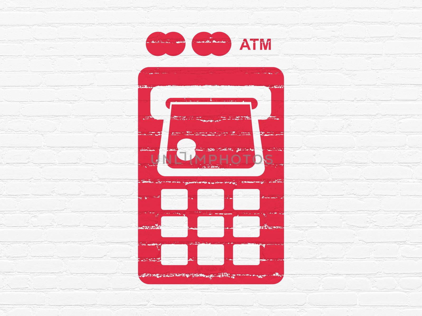 Currency concept: Painted red ATM Machine icon on White Brick wall background