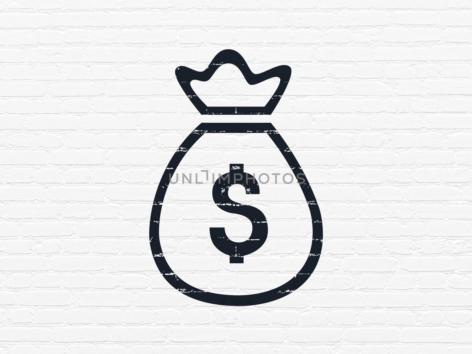 Money concept: Painted black Money Bag icon on White Brick wall background