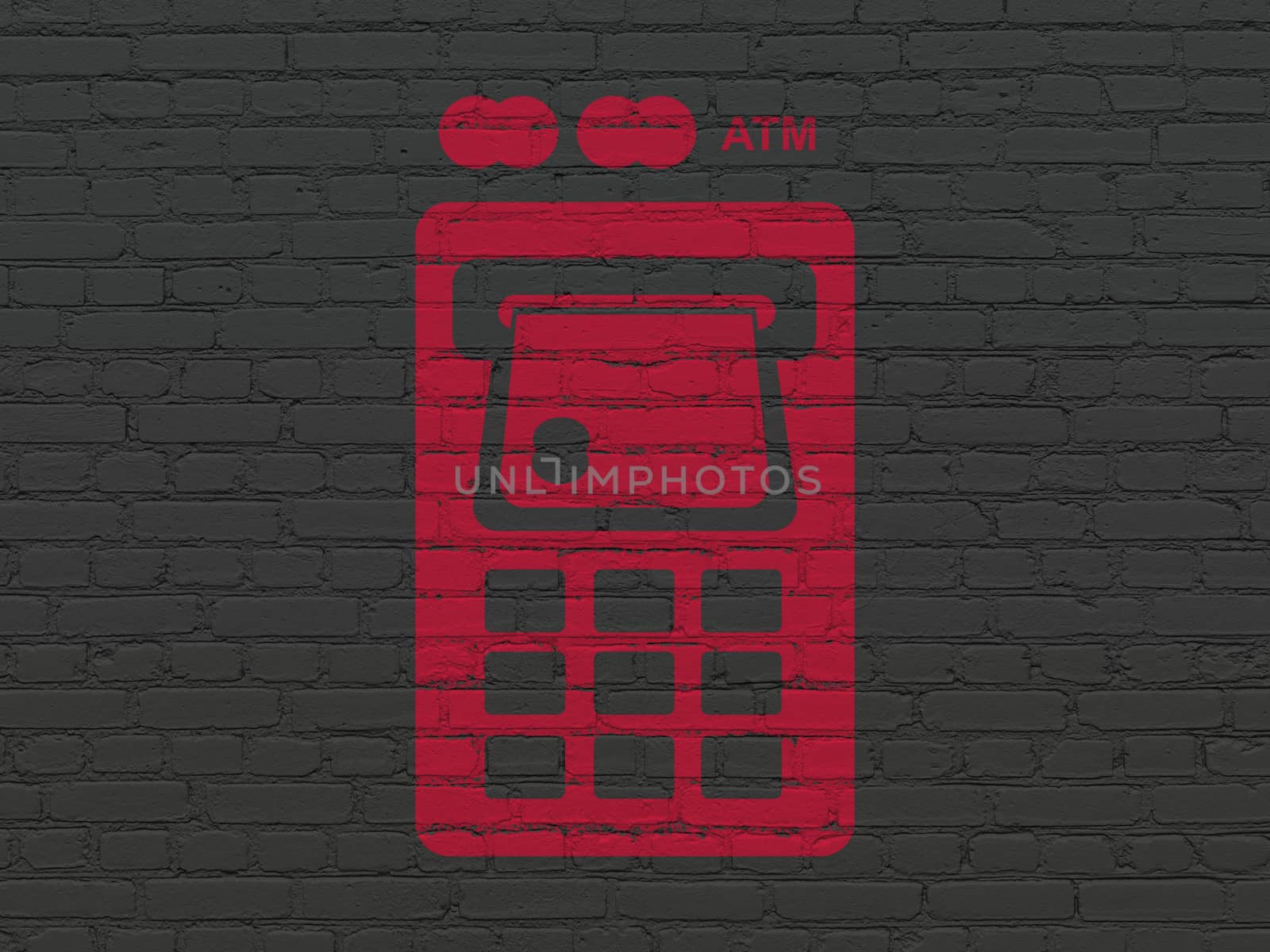 Currency concept: Painted red ATM Machine icon on Black Brick wall background