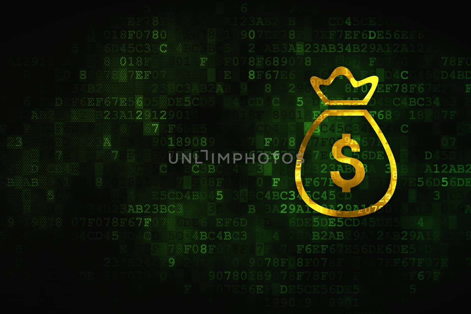 Banking concept: pixelated Money Bag icon on digital background, empty copyspace for card, text, advertising