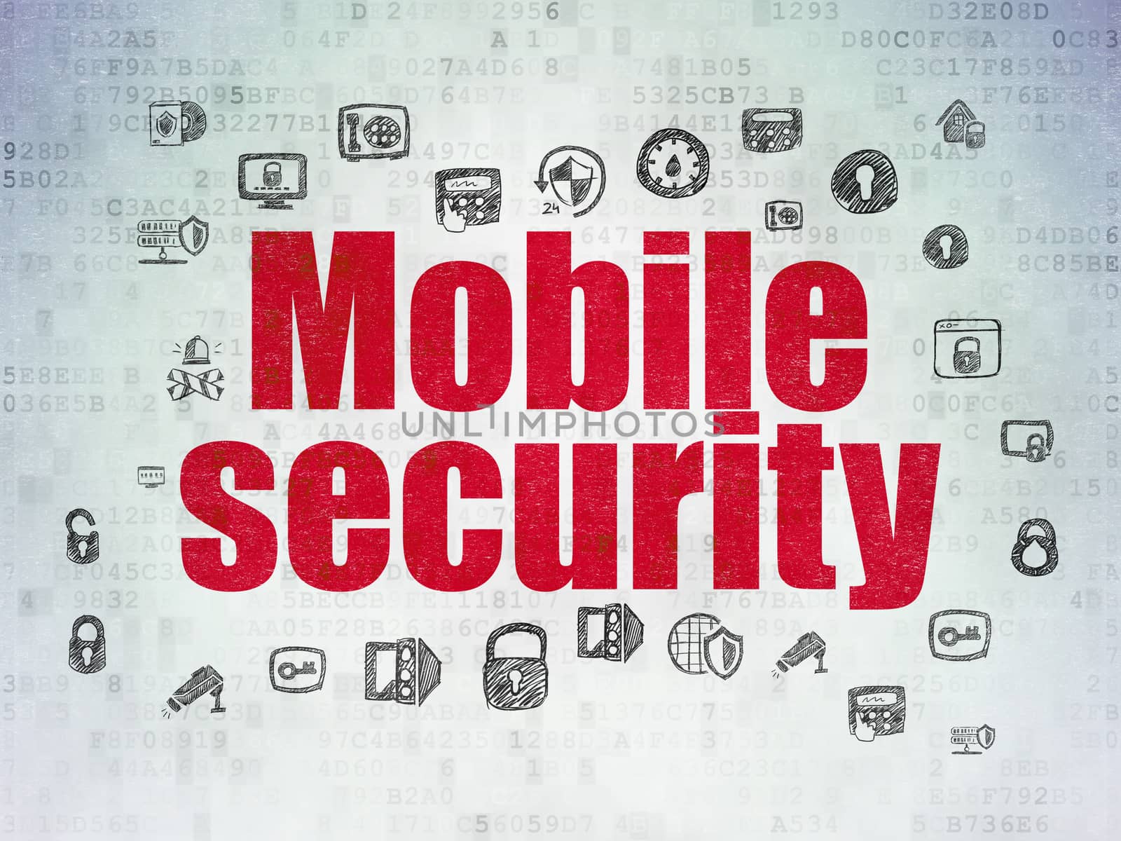 Safety concept: Painted red text Mobile Security on Digital Data Paper background with  Hand Drawn Security Icons