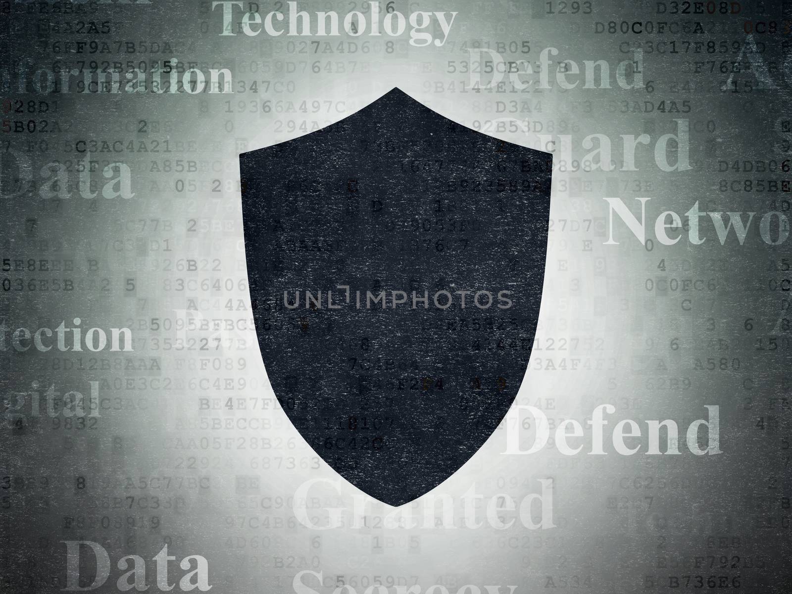 Privacy concept: Painted black Shield icon on Digital Data Paper background with  Tag Cloud