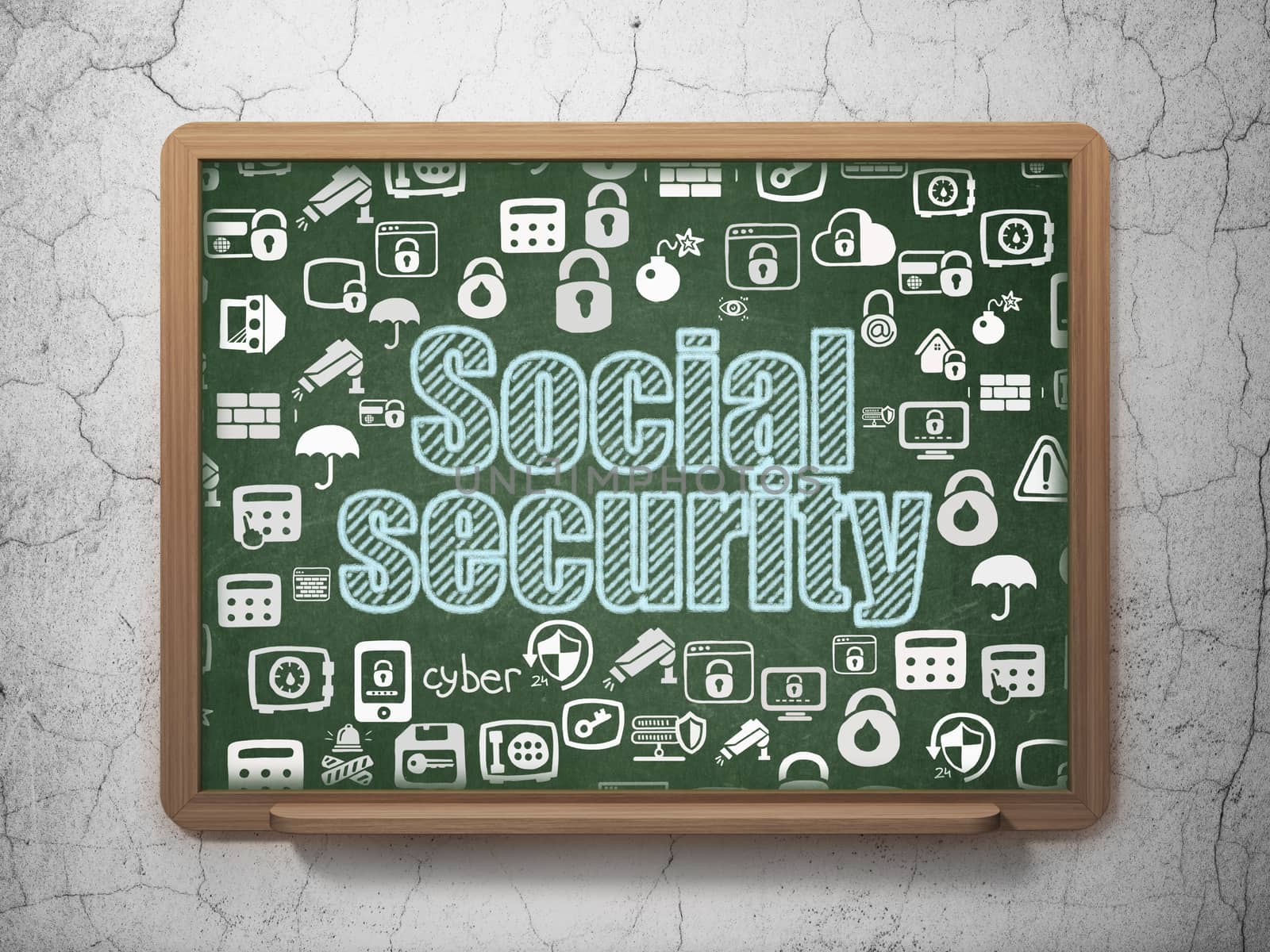 Security concept: Chalk Blue text Social Security on School board background with  Hand Drawn Security Icons, 3D Rendering