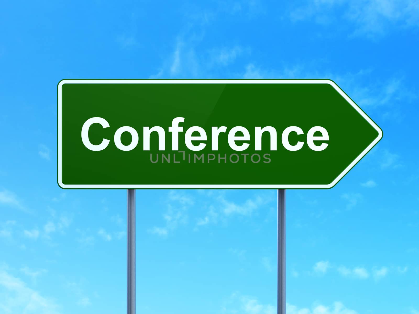 Finance concept: Conference on green road highway sign, clear blue sky background, 3D rendering