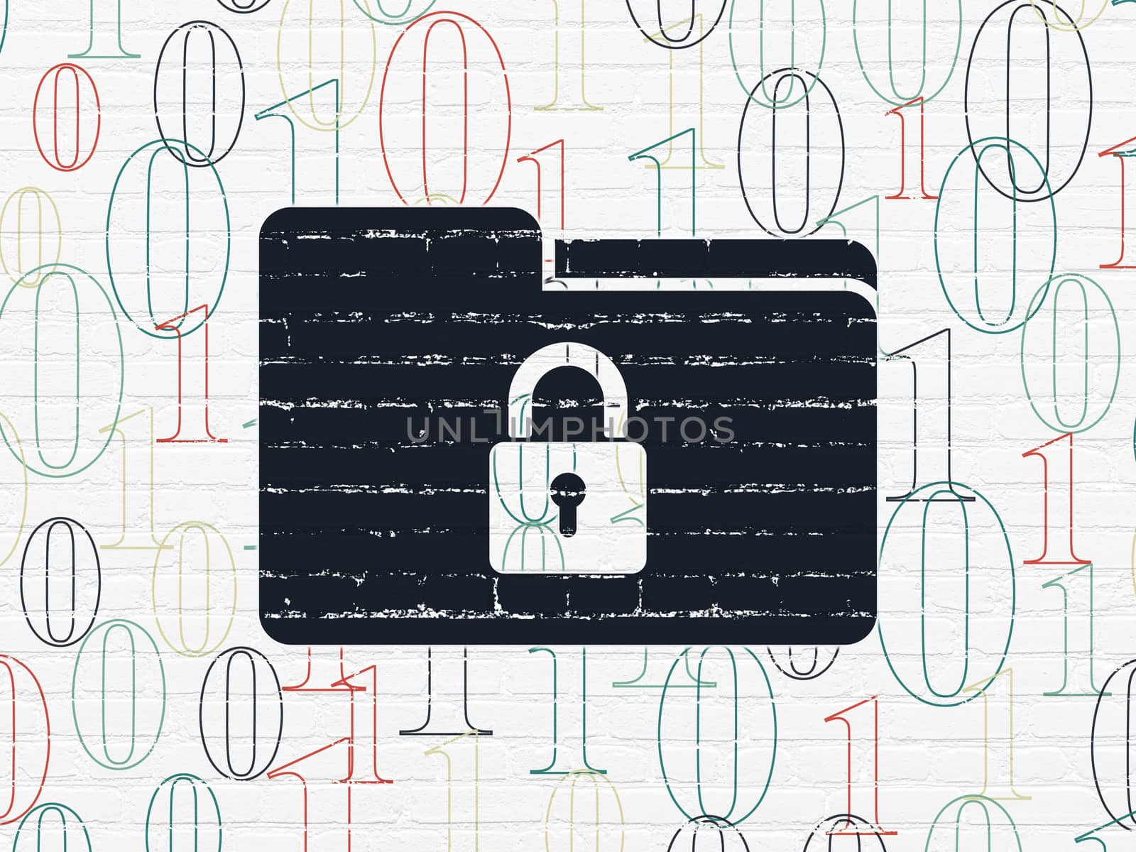 Finance concept: Painted black Folder With Lock icon on White Brick wall background with  Binary Code