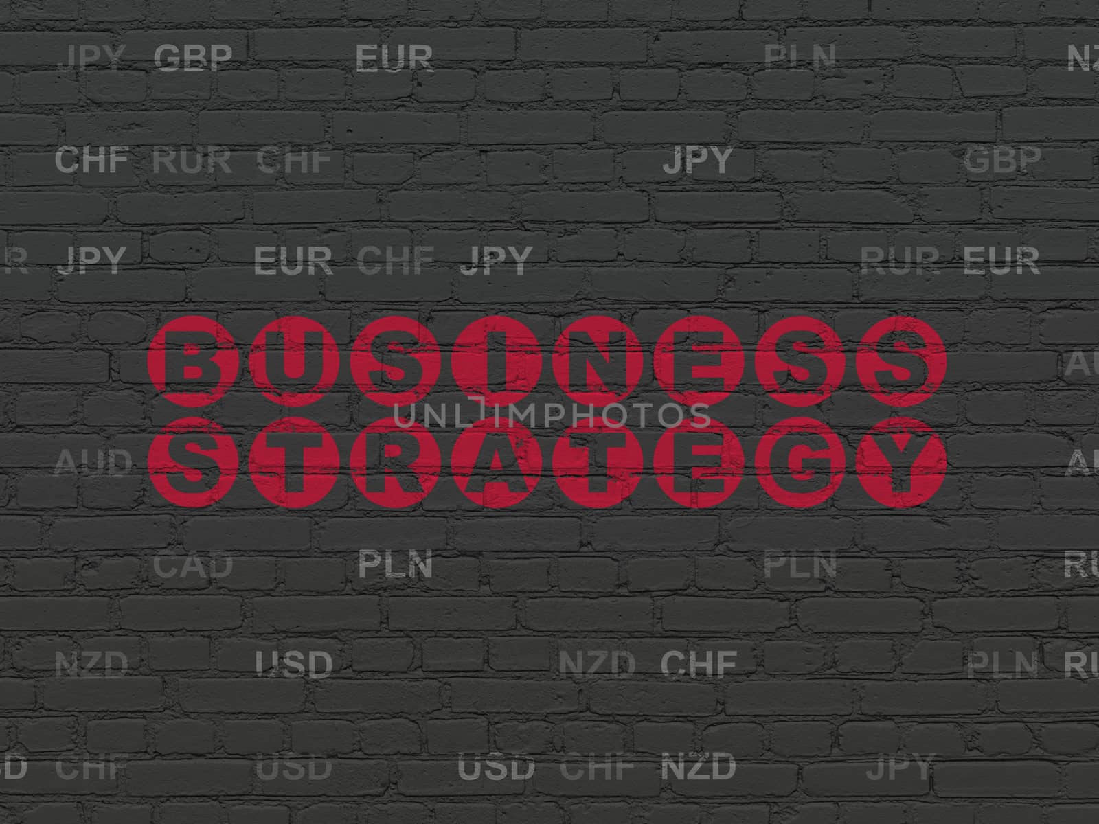 Business concept: Painted red text Business Strategy on Black Brick wall background with Currency