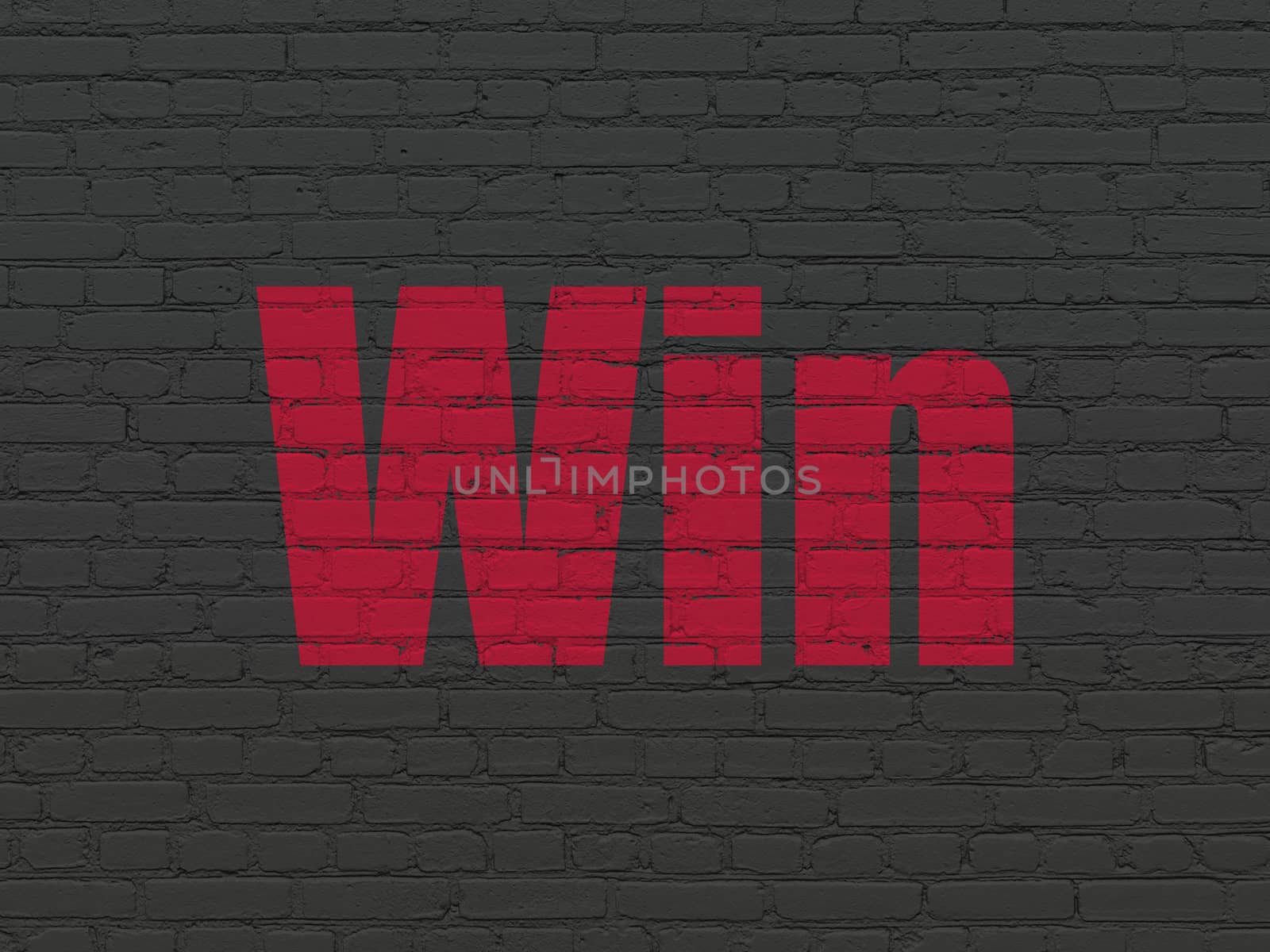 Business concept: Painted red text Win on Black Brick wall background