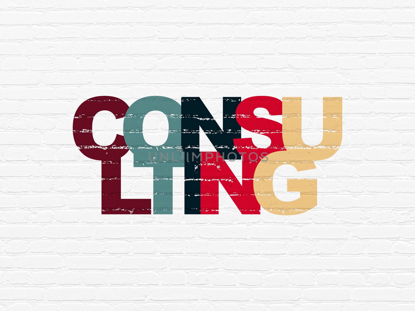 Finance concept: Painted multicolor text Consulting on White Brick wall background