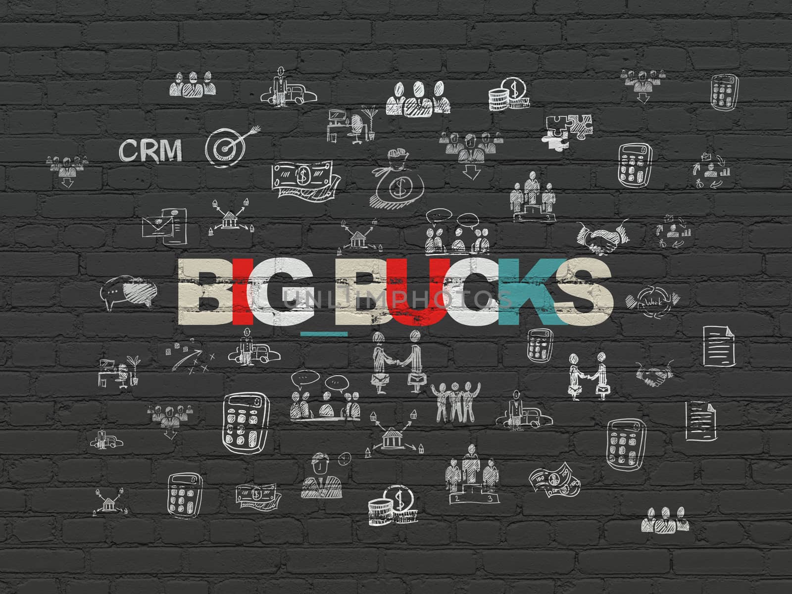 Finance concept: Painted multicolor text Big bucks on Black Brick wall background with  Hand Drawn Business Icons
