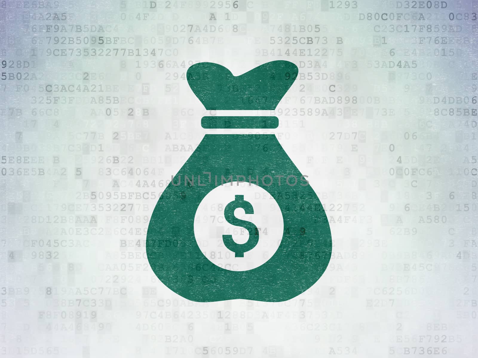 Business concept: Painted green Money Bag icon on Digital Data Paper background