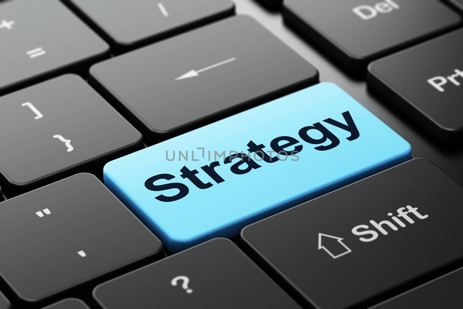 Finance concept: computer keyboard with word Strategy, selected focus on enter button background, 3D rendering
