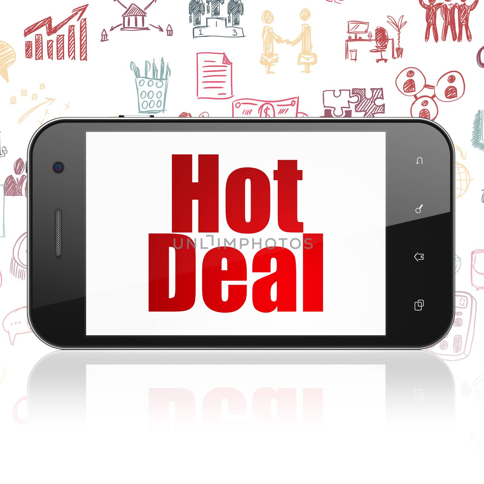 Finance concept: Smartphone with  red text Hot Deal on display,  Hand Drawn Business Icons background, 3D rendering