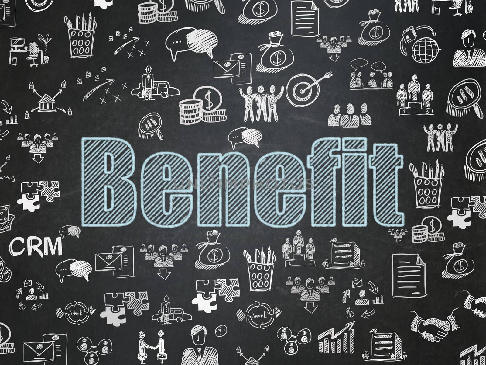 Business concept: Chalk Blue text Benefit on School board background with  Hand Drawn Business Icons, School Board
