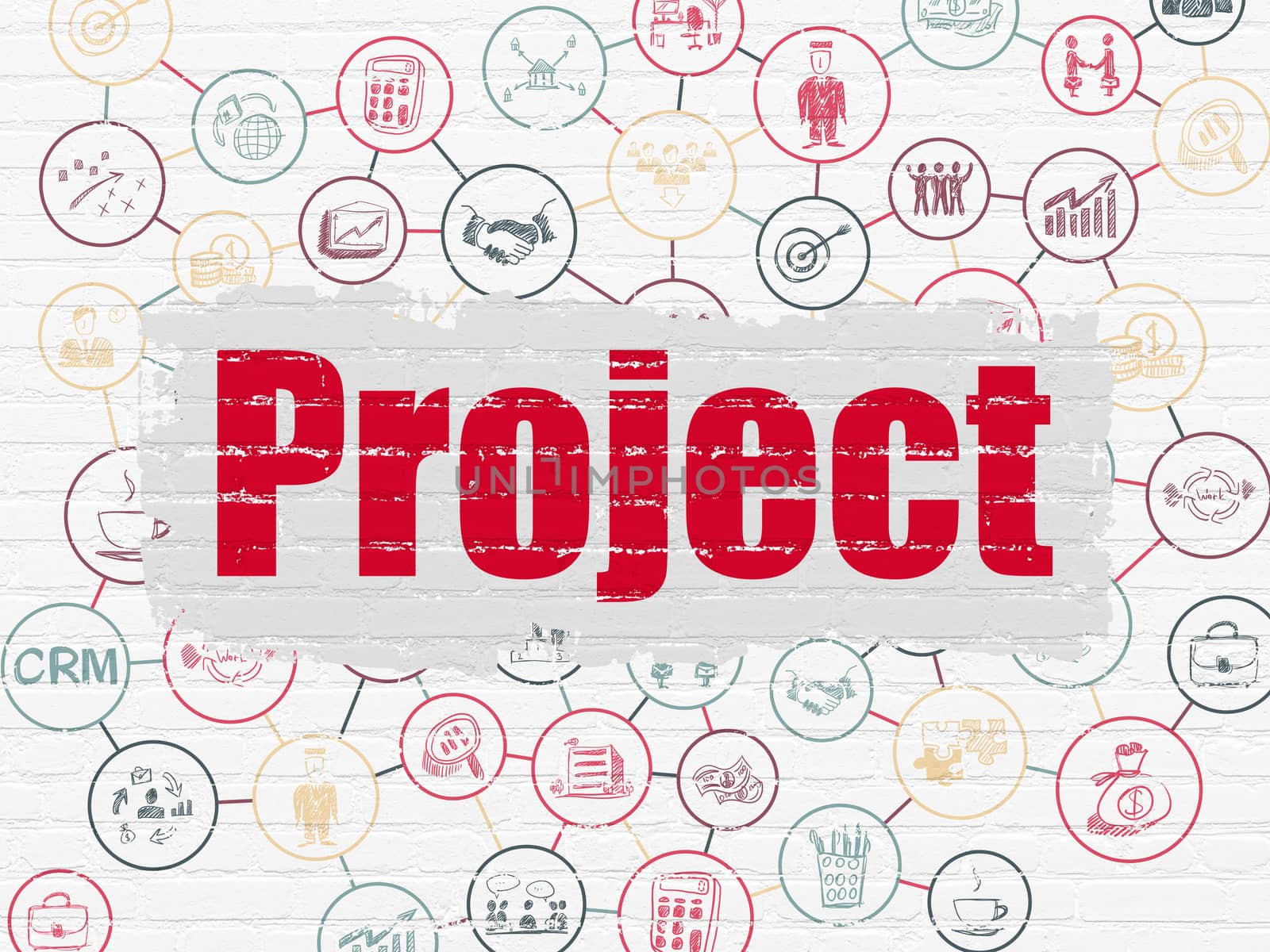 Business concept: Painted red text Project on White Brick wall background with Scheme Of Hand Drawn Business Icons