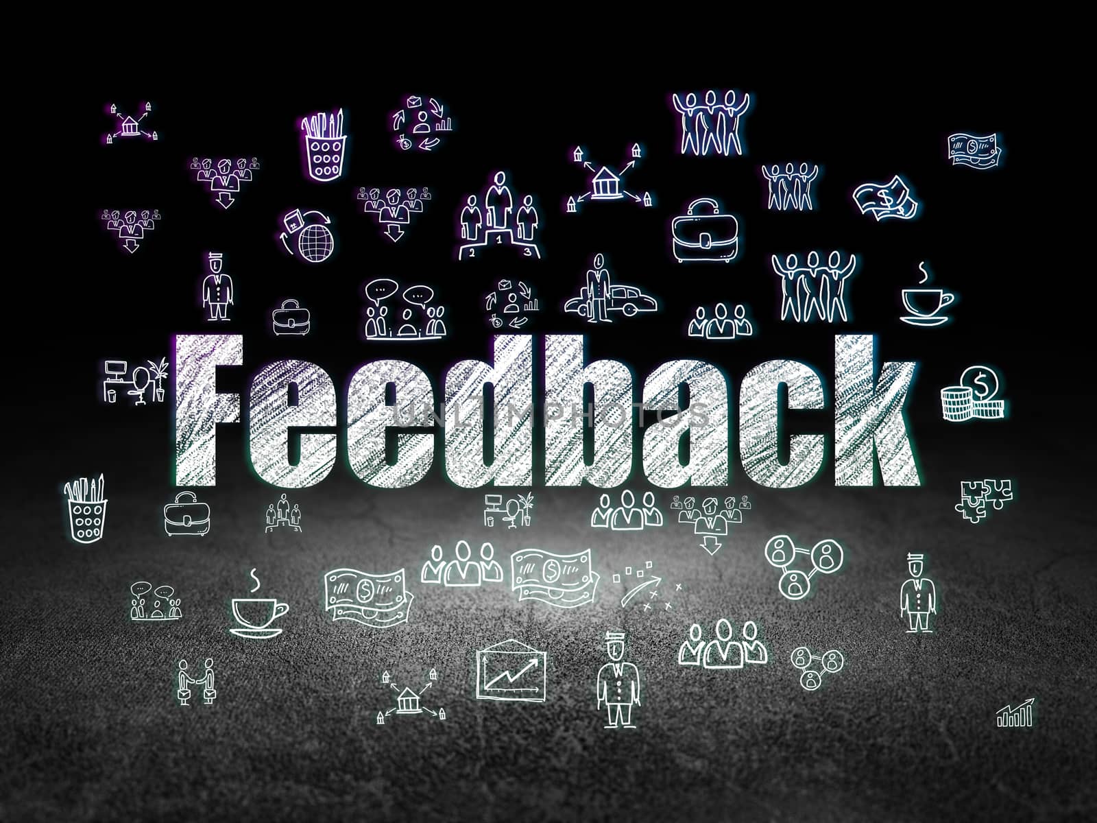 Finance concept: Glowing text Feedback,  Hand Drawn Business Icons in grunge dark room with Dirty Floor, black background