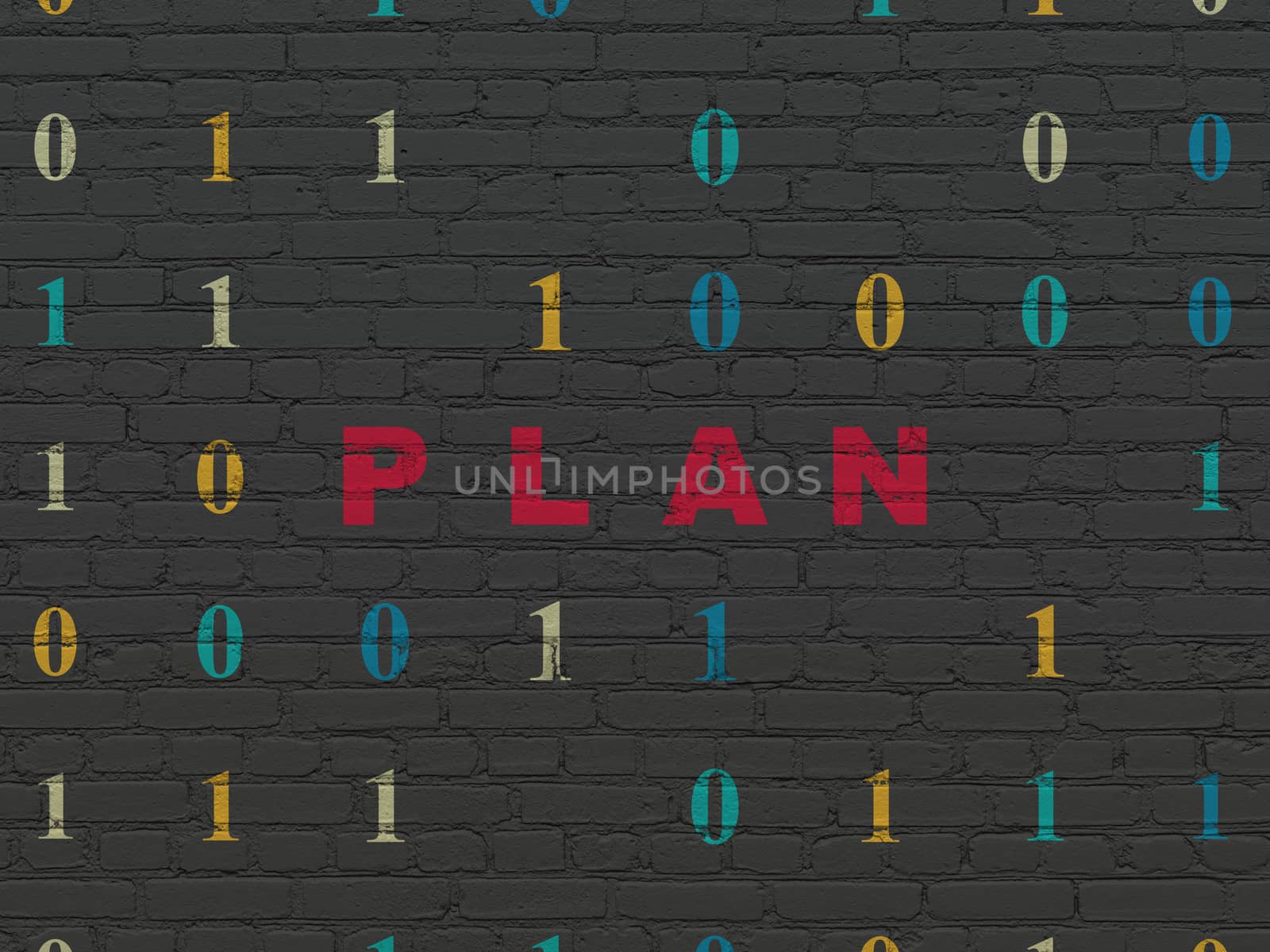 Business concept: Painted red text Plan on Black Brick wall background with Binary Code