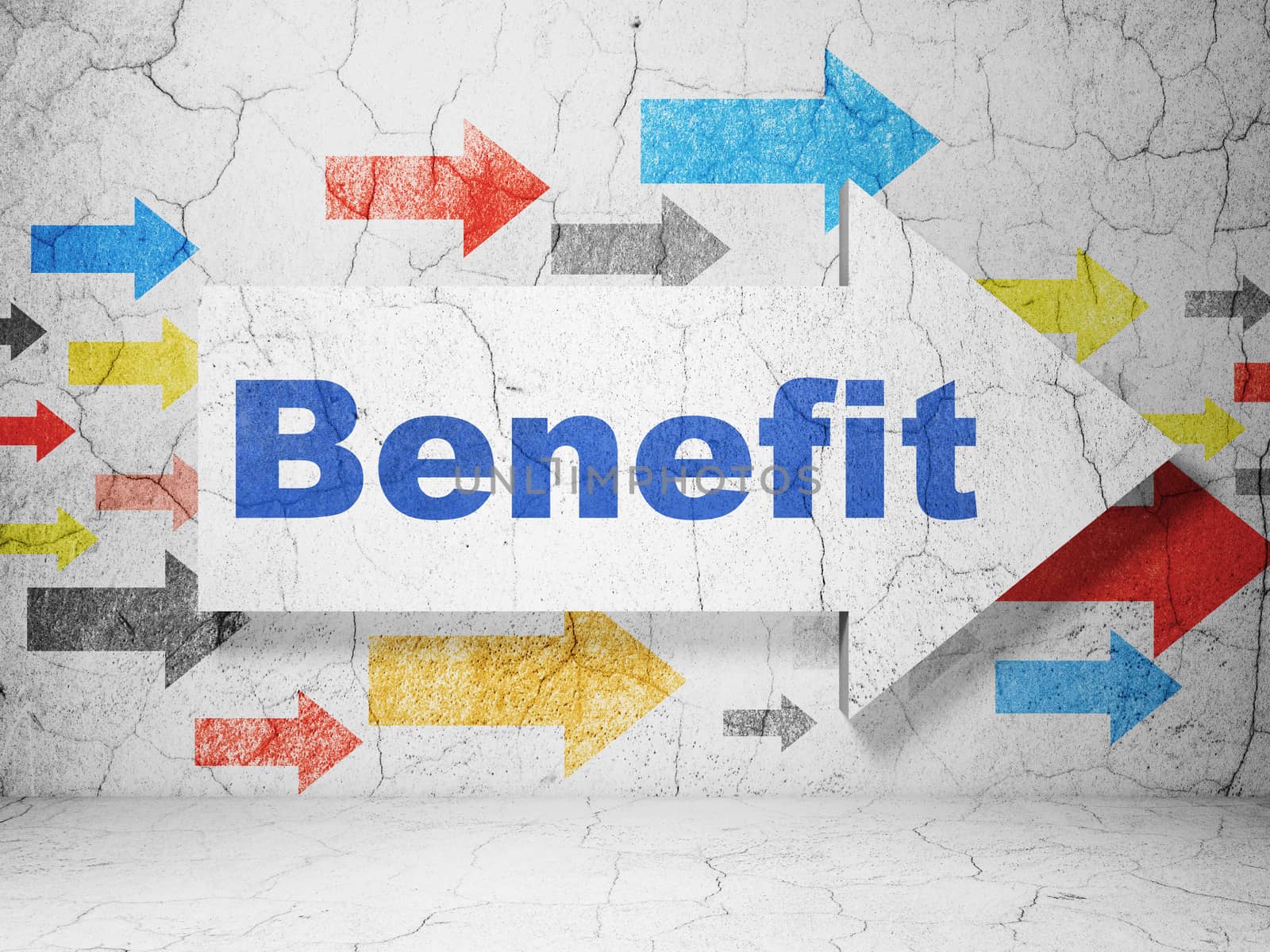 Business concept:  arrow with Benefit on grunge textured concrete wall background, 3D rendering