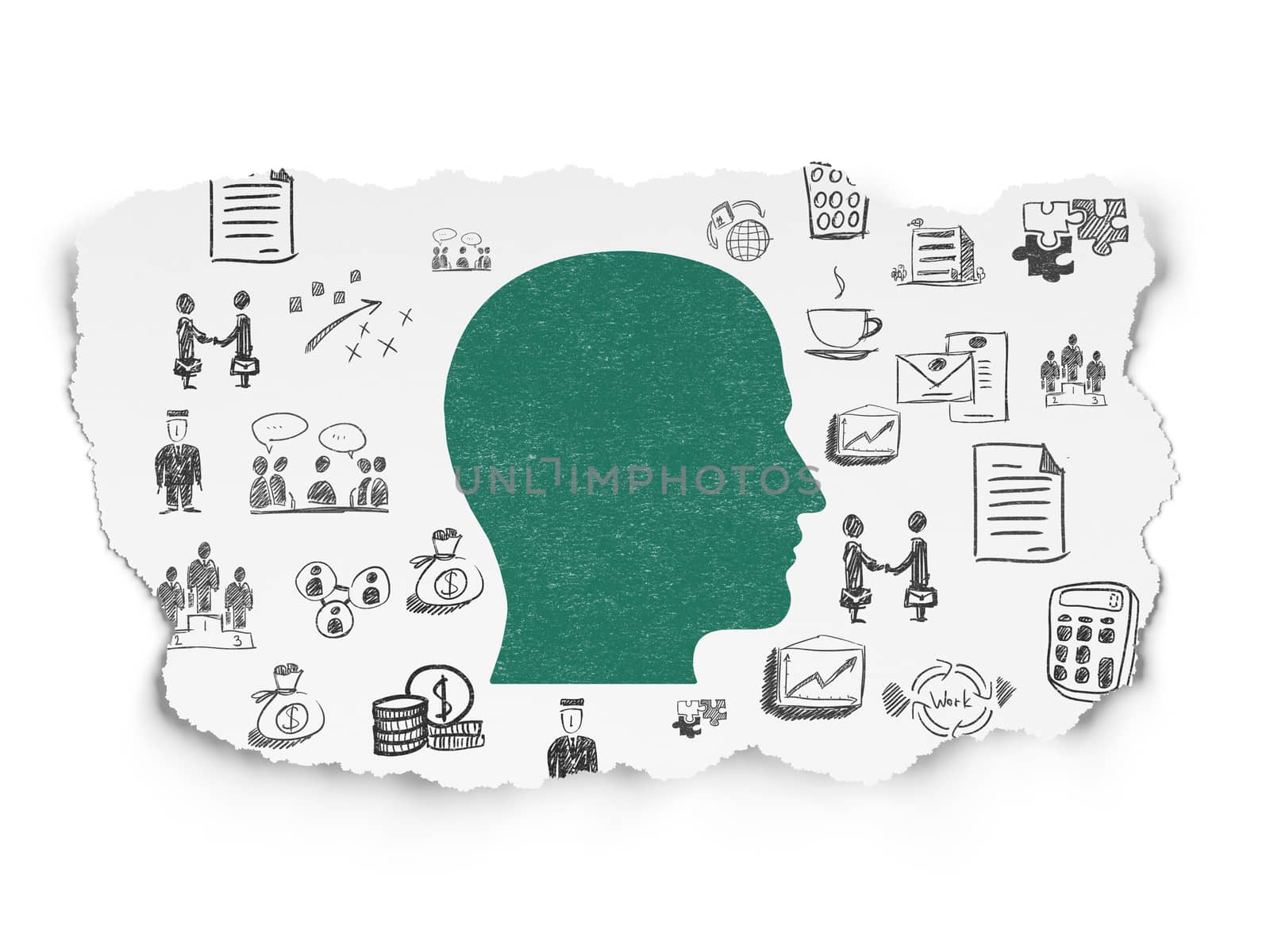 Business concept: Painted green Head icon on Torn Paper background with  Hand Drawn Business Icons