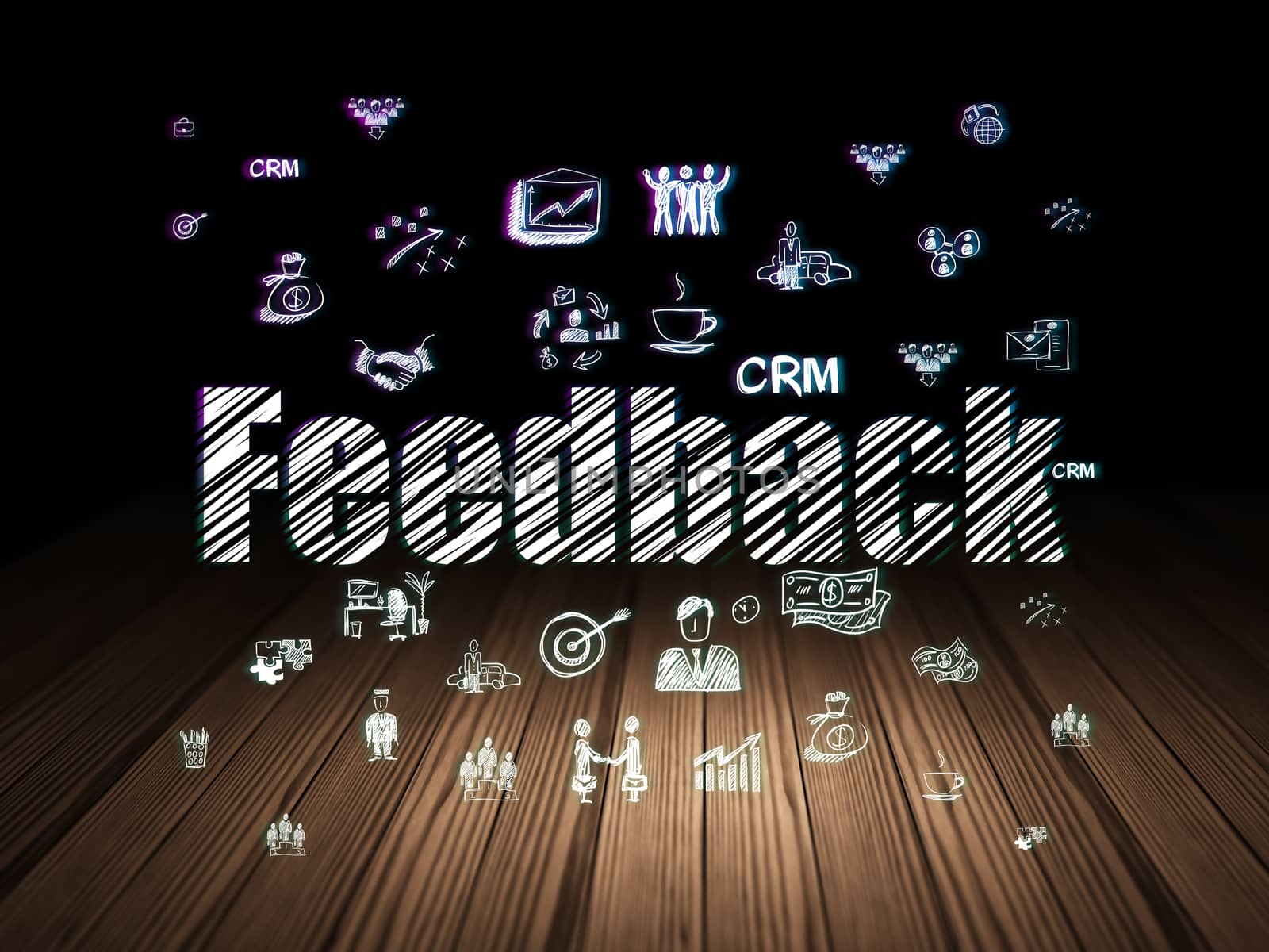 Business concept: Glowing text Feedback,  Hand Drawn Business Icons in grunge dark room with Wooden Floor, black background