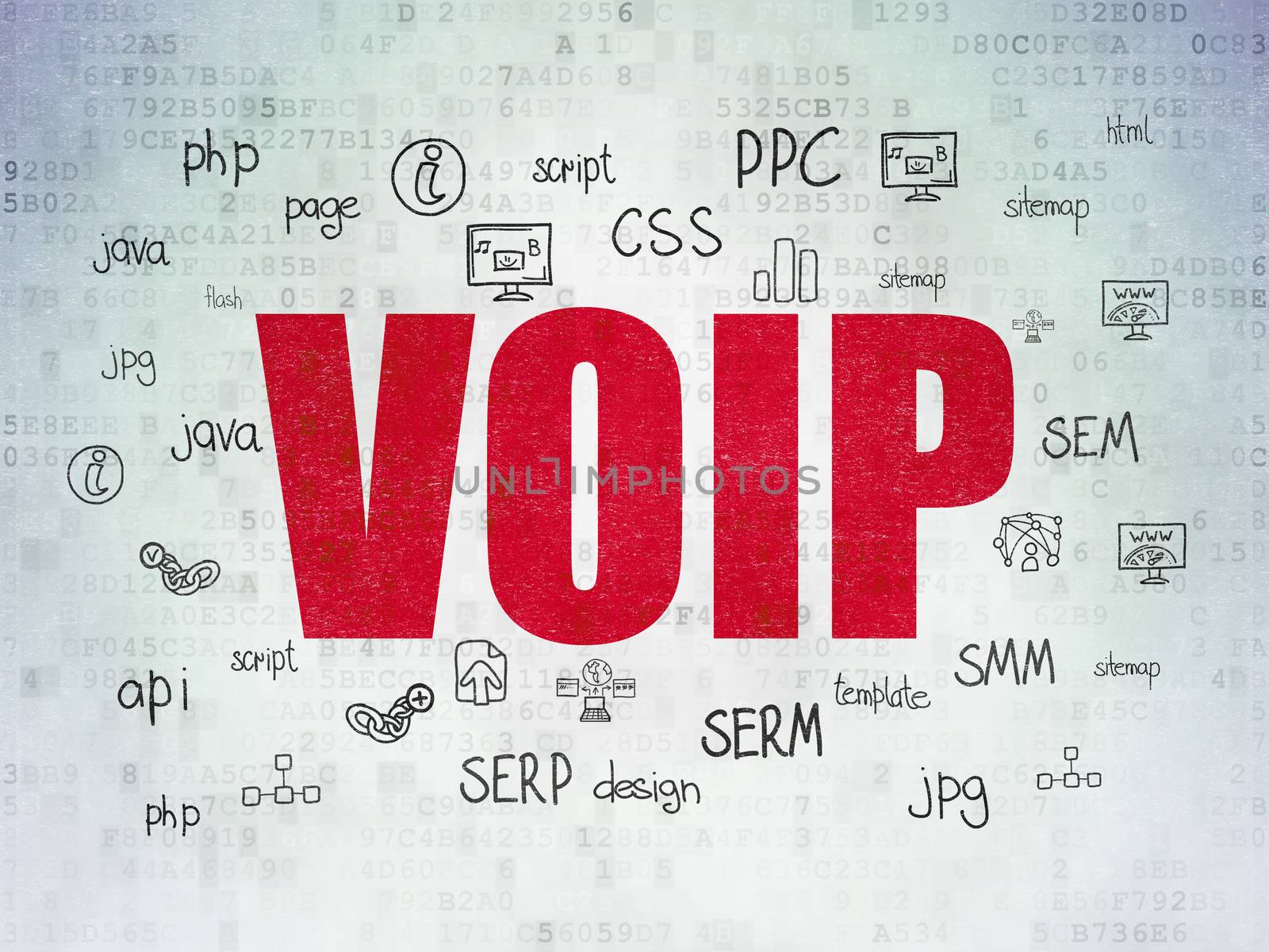 Web development concept: Painted red text VOIP on Digital Data Paper background with  Hand Drawn Site Development Icons