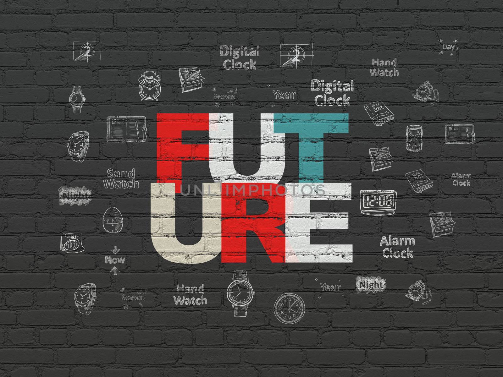 Time concept: Painted multicolor text Future on Black Brick wall background with  Hand Drawing Time Icons