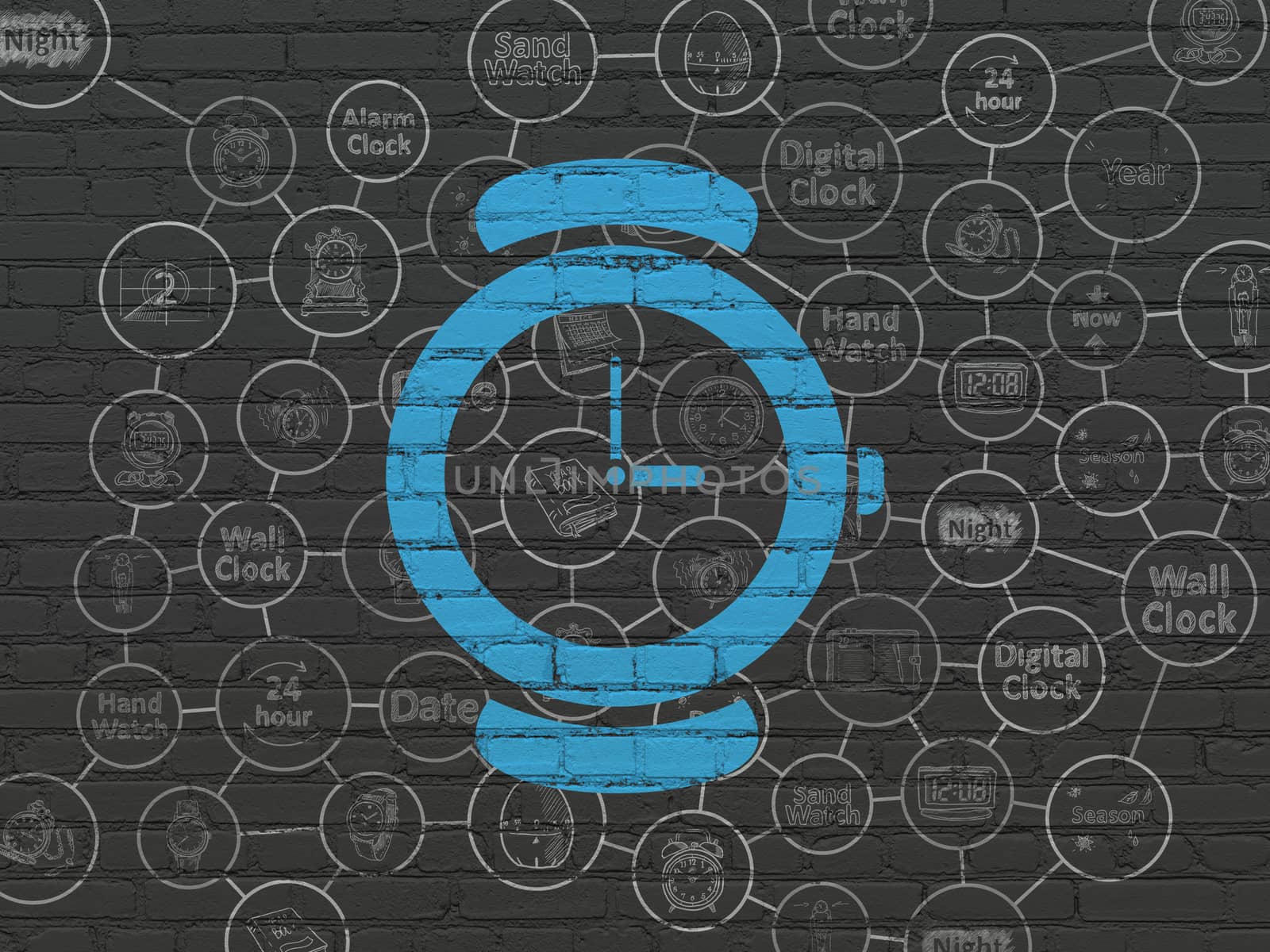 Time concept: Painted blue Hand Watch icon on Black Brick wall background with Scheme Of Hand Drawing Time Icons