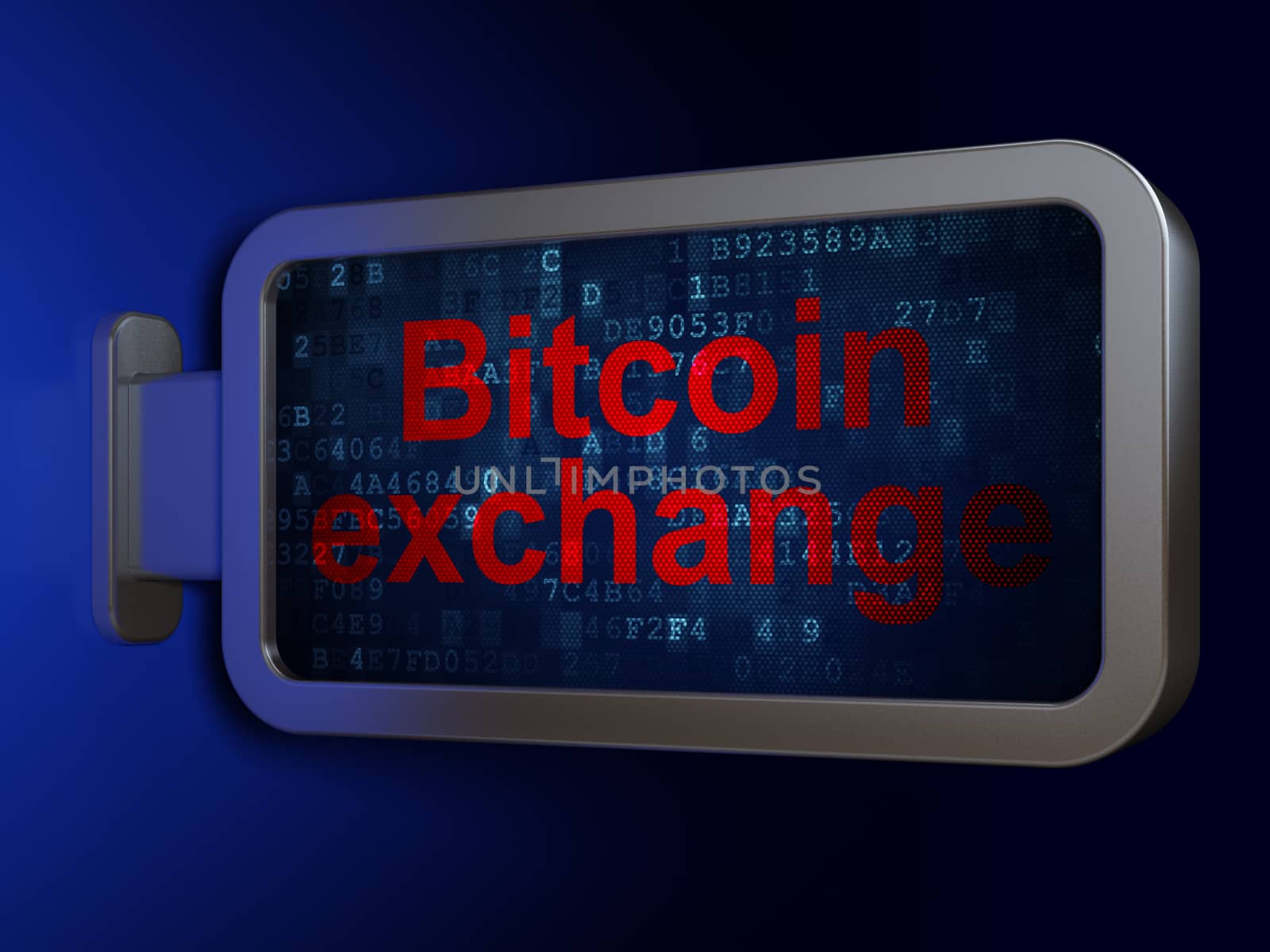 Cryptocurrency concept: Bitcoin Exchange on advertising billboard background, 3D rendering