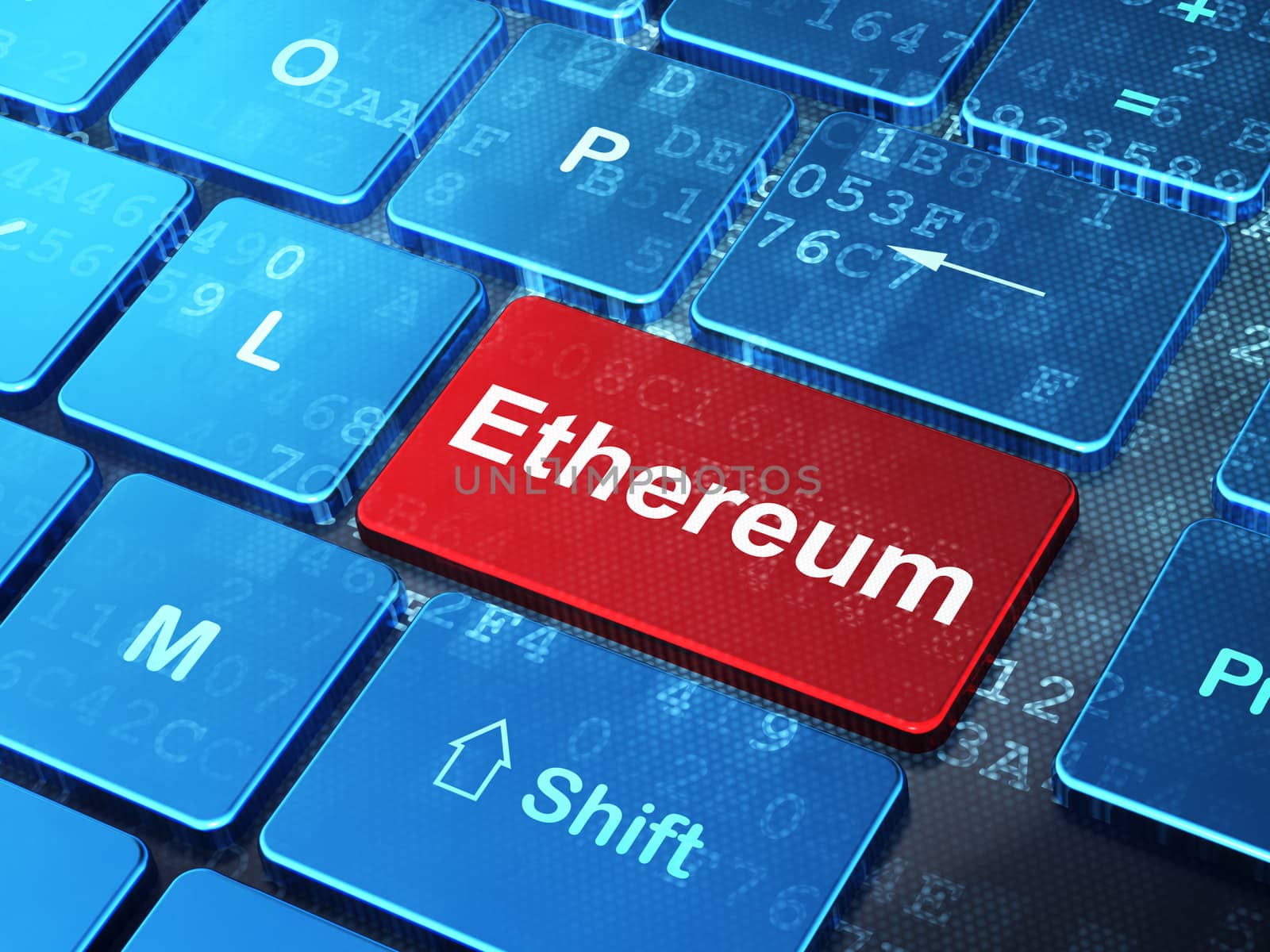 Cryptocurrency concept: computer keyboard with word Ethereum on enter button background, 3D rendering