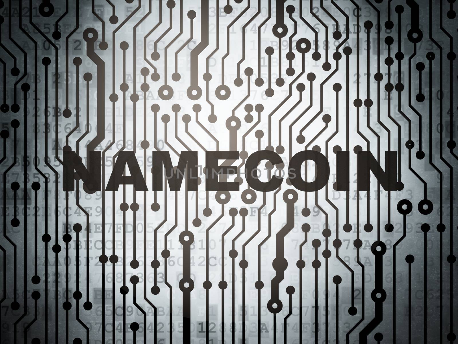 Blockchain concept: circuit board with  word Namecoin, 3D rendering