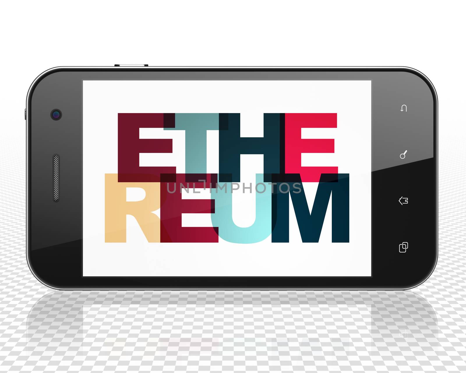 Blockchain concept: Smartphone with Painted multicolor text Ethereum on display, 3D rendering